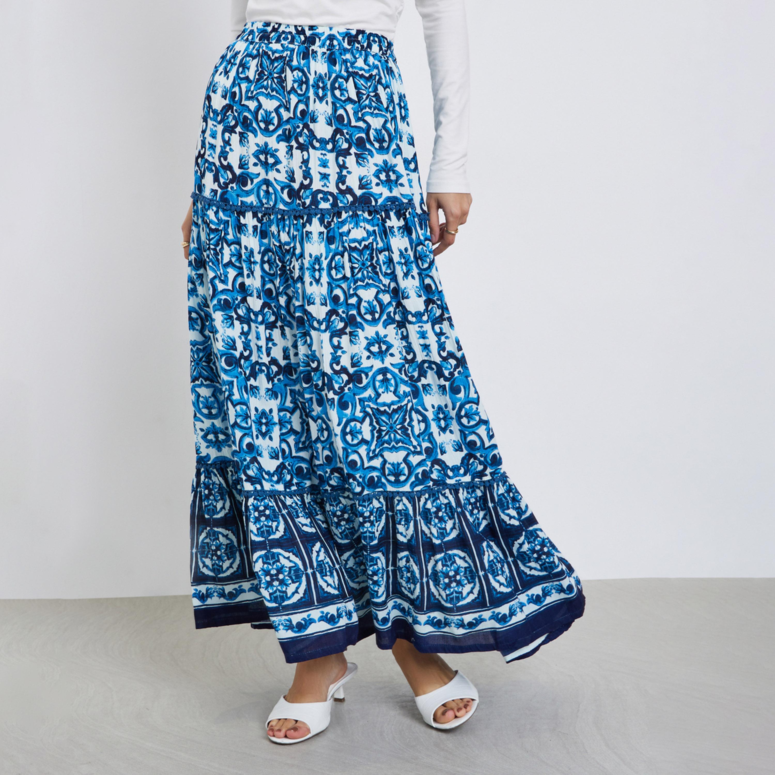 Styli Blue Tile Print A-Line Maxi Skirt-women-clothing-bottoms-skirts-image-1