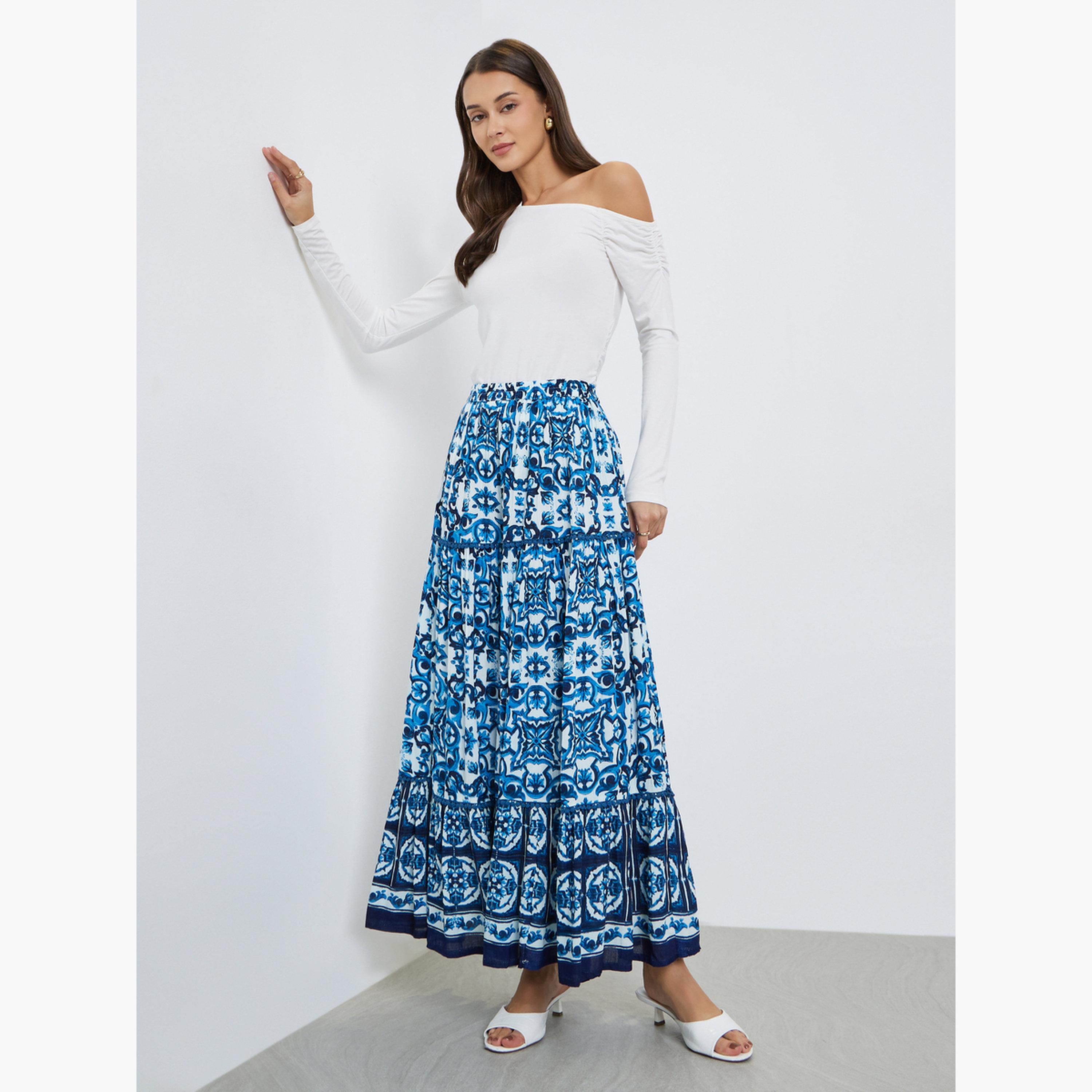 Styli Blue Tile Print A-Line Maxi Skirt-women-clothing-bottoms-skirts-image-2