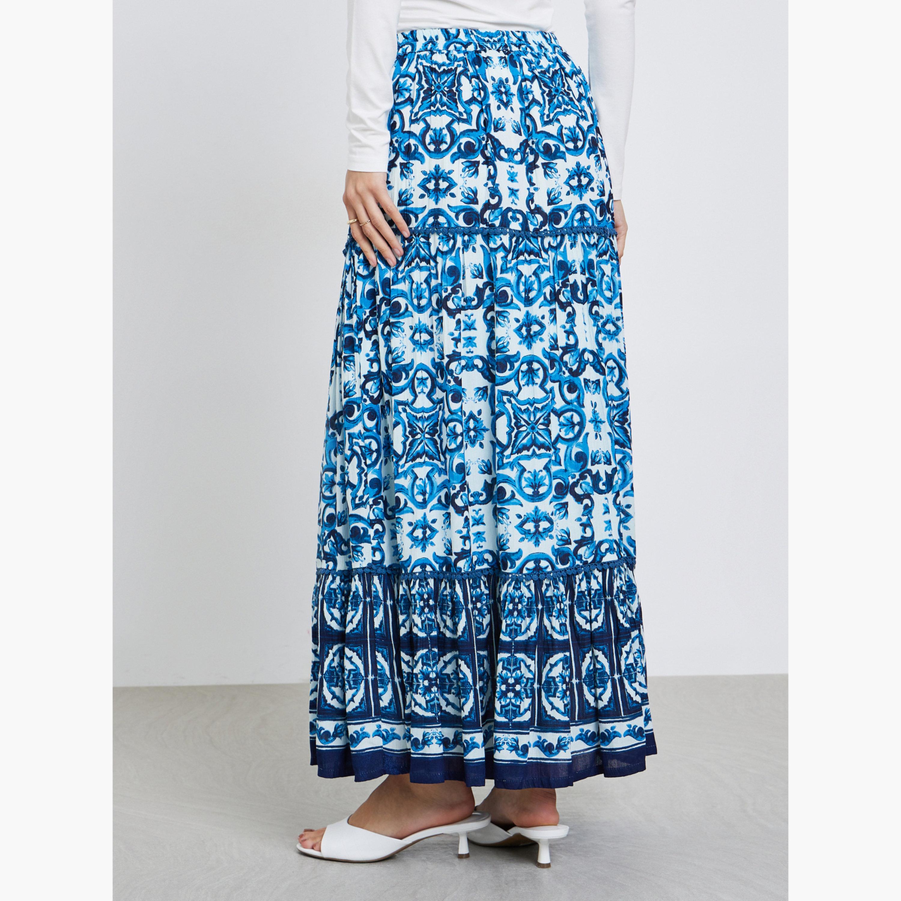 Styli Blue Tile Print A-Line Maxi Skirt-women-clothing-bottoms-skirts-image-4