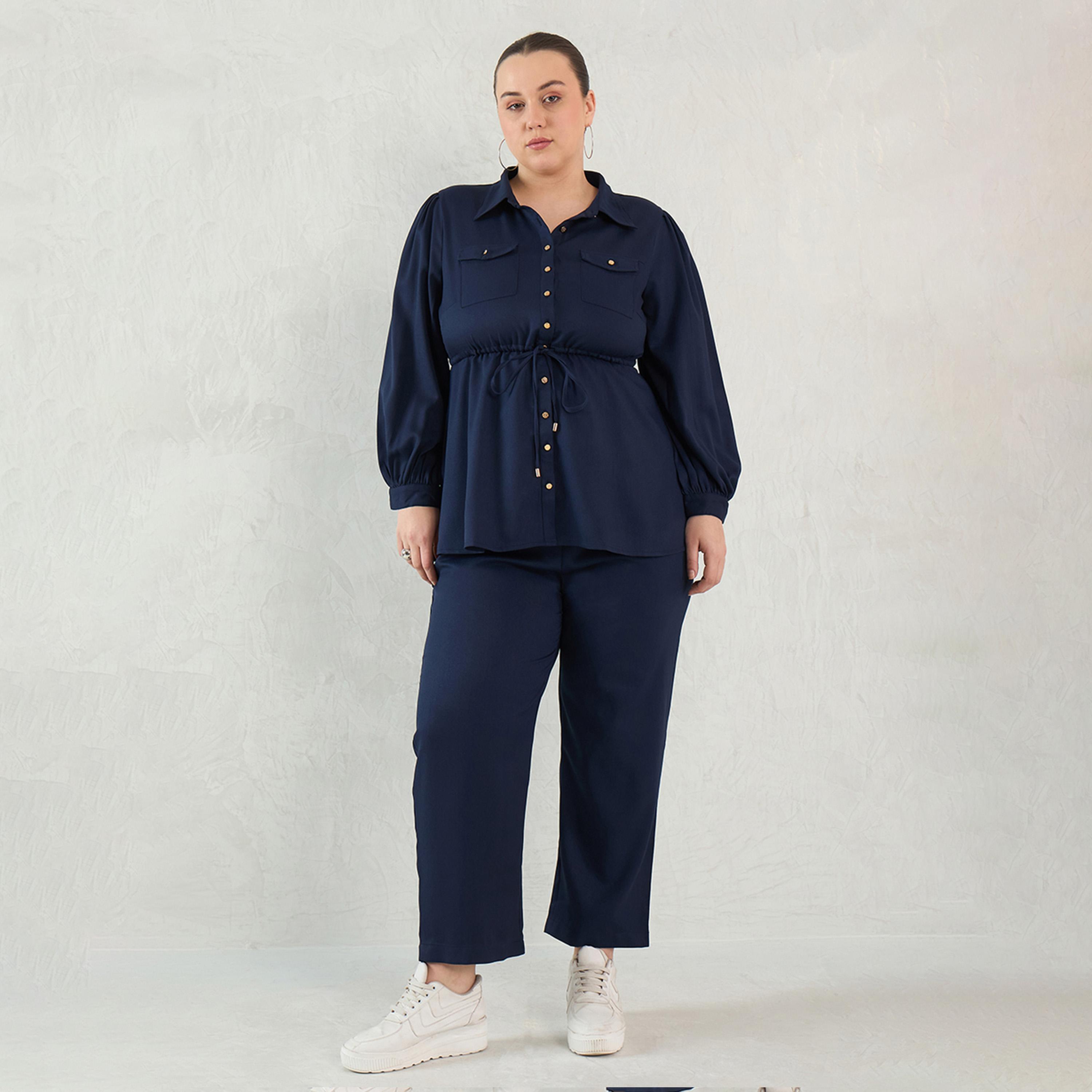 Femmella X Styli Navy Button Down Drawstring Co-Ord Set-women-clothing-dresses-image-1