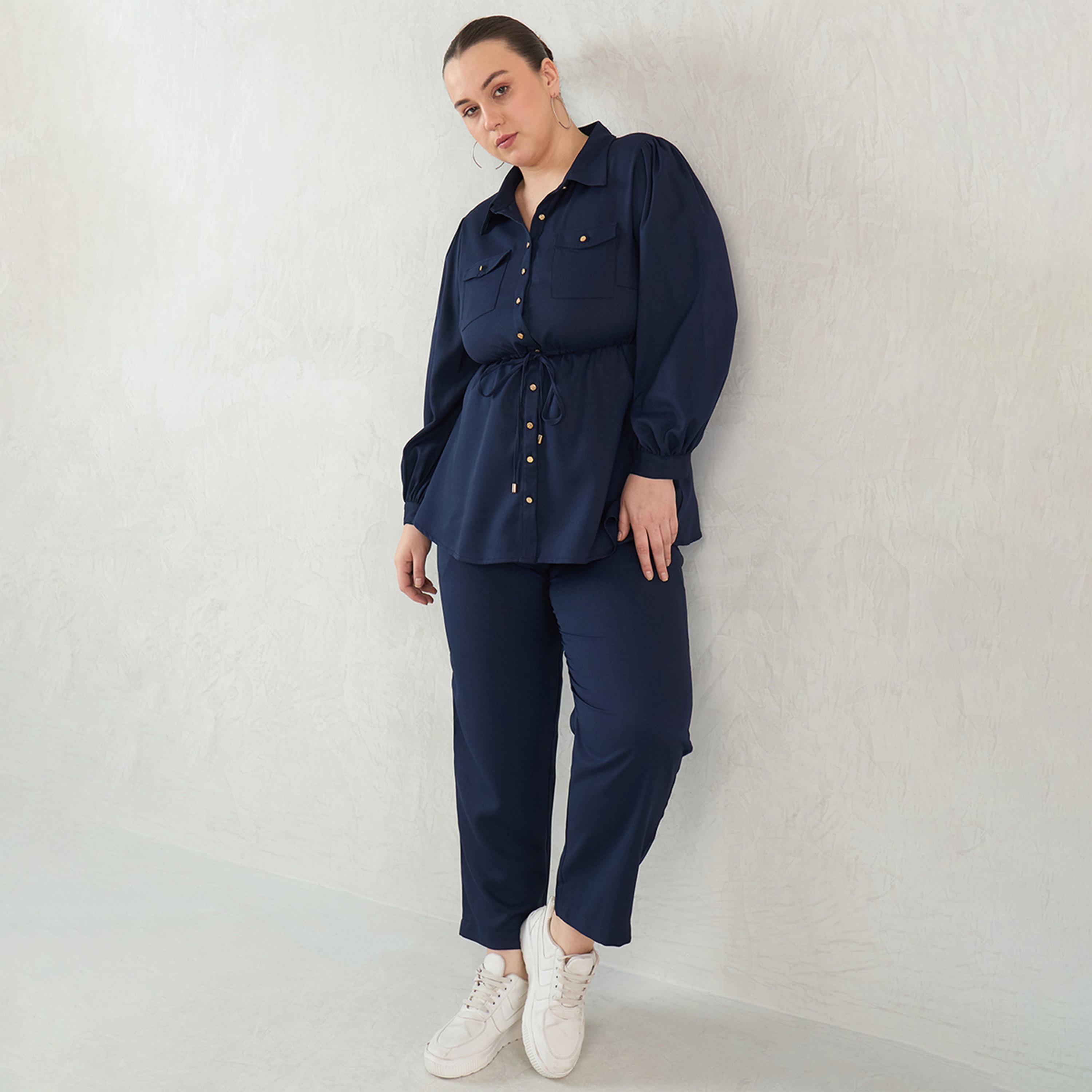Femmella X Styli Navy Button Down Drawstring Co-Ord Set-women-clothing-dresses-image-4