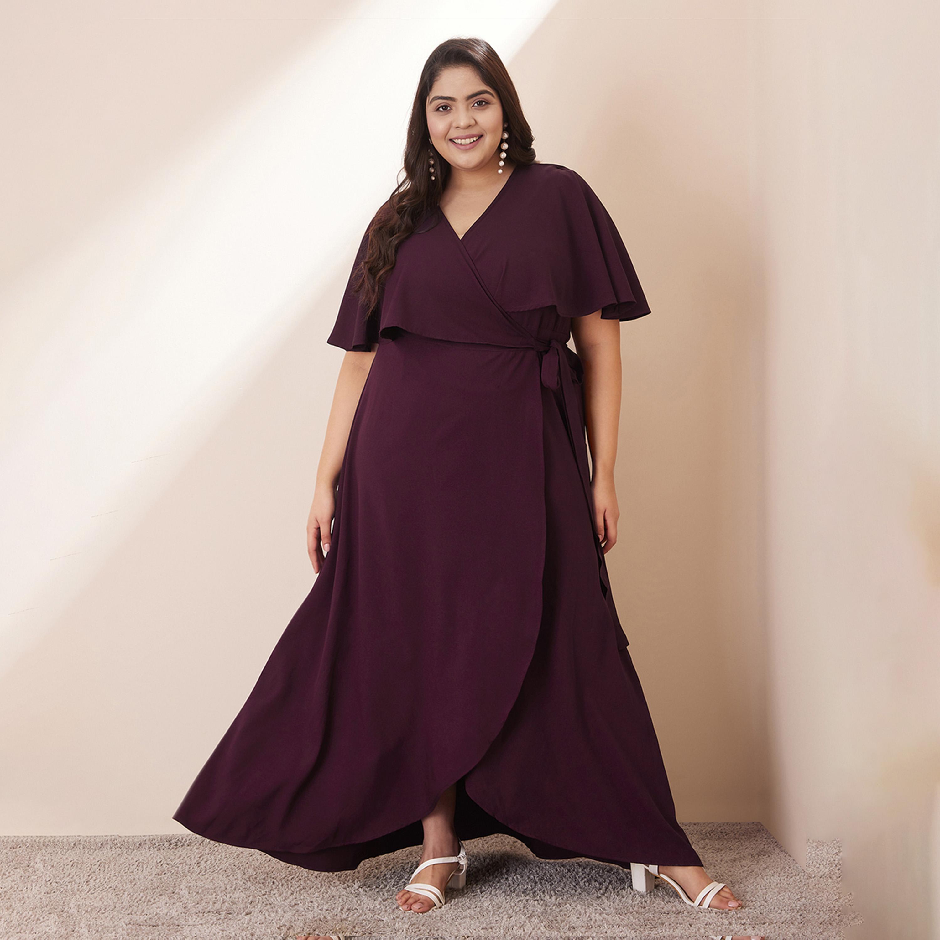 Femmella X Styli Wine Front Ruffle Wrap Maxi Dress-women-clothing-dresses-image-1