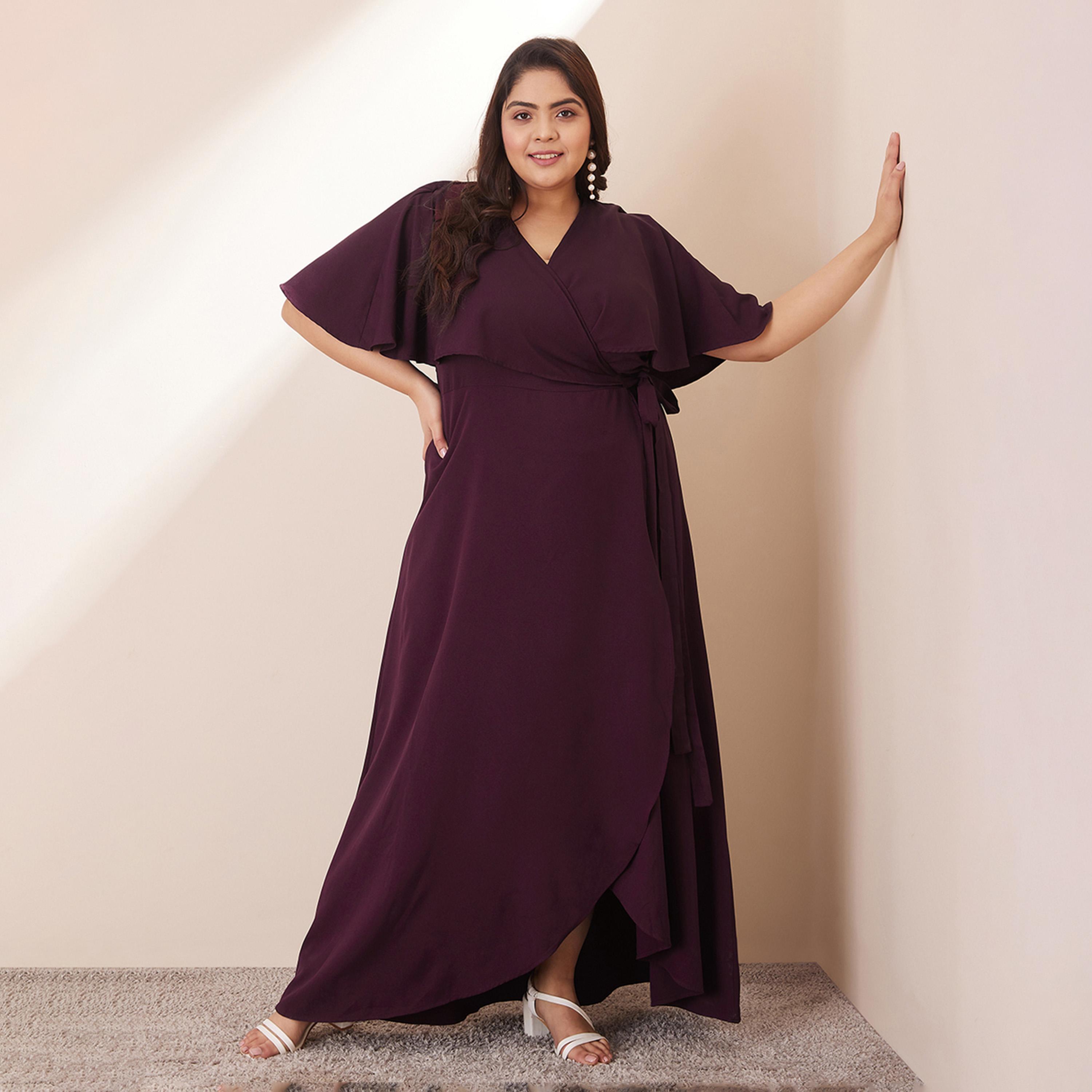 Femmella X Styli Wine Front Ruffle Wrap Maxi Dress-women-clothing-dresses-image-2