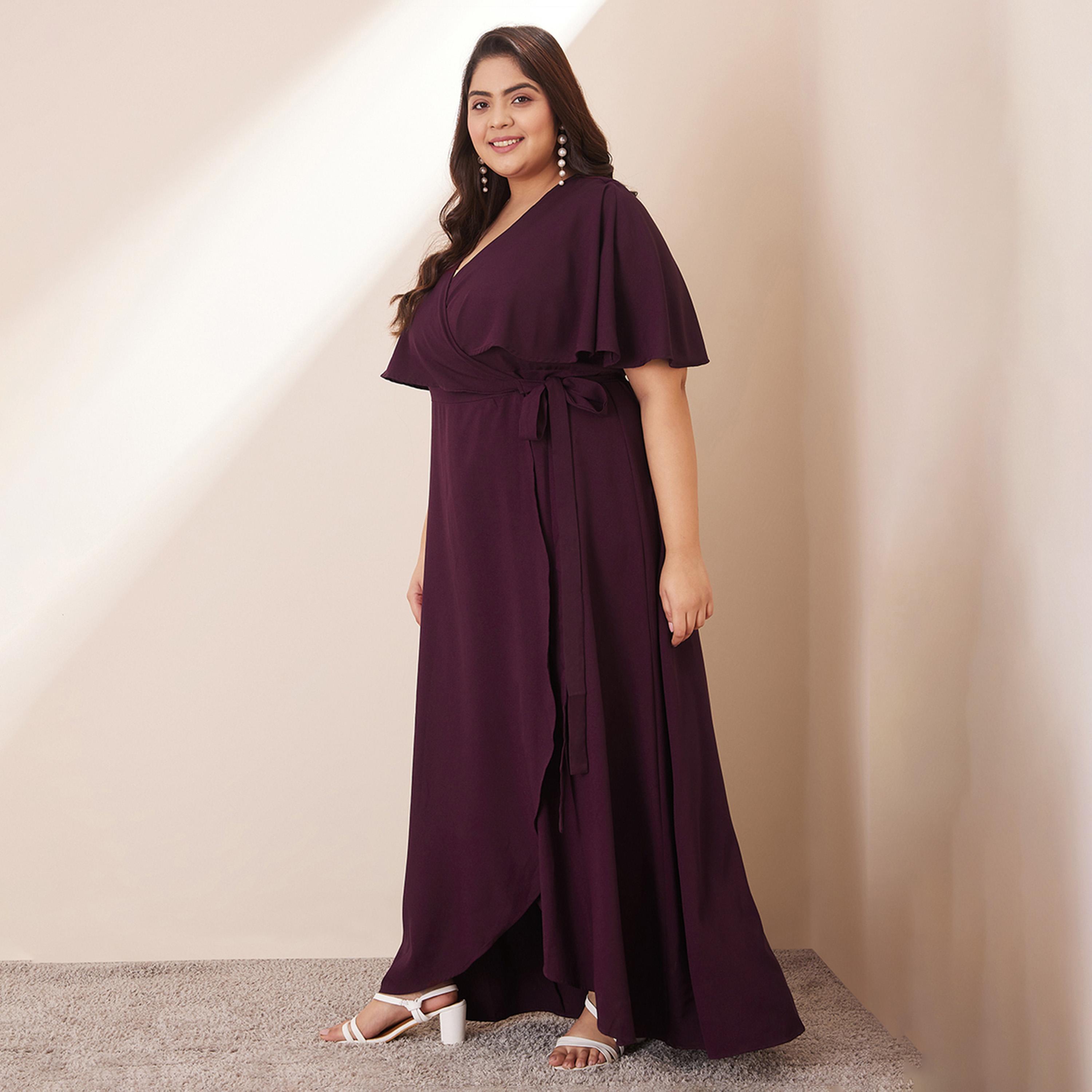 Femmella X Styli Wine Front Ruffle Wrap Maxi Dress-women-clothing-dresses-image-3