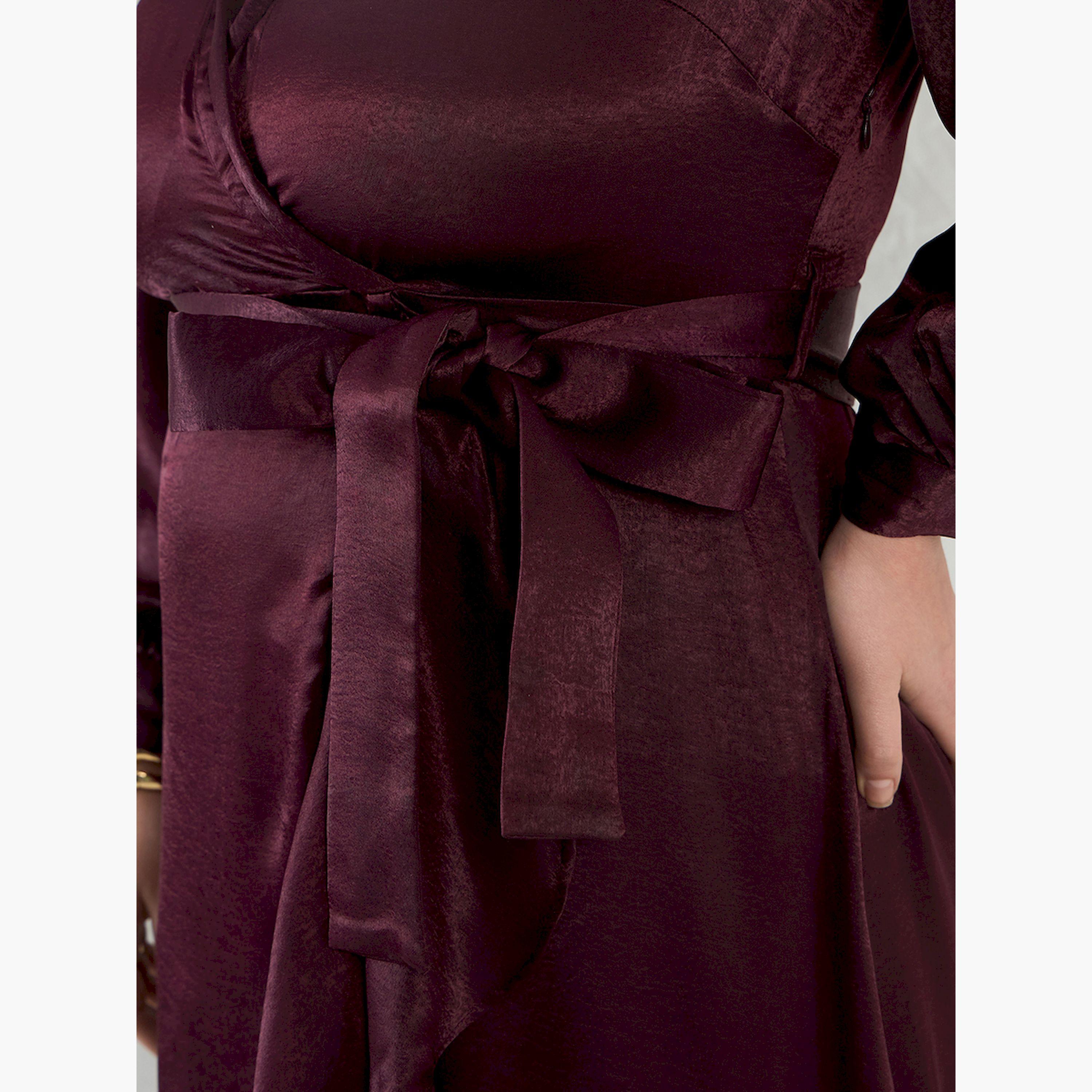فيميلا × ستايلي-  فستان ماكسي ملفوف ياقة شال وحزام مقاس كبير-women-clothing-dresses-image-5