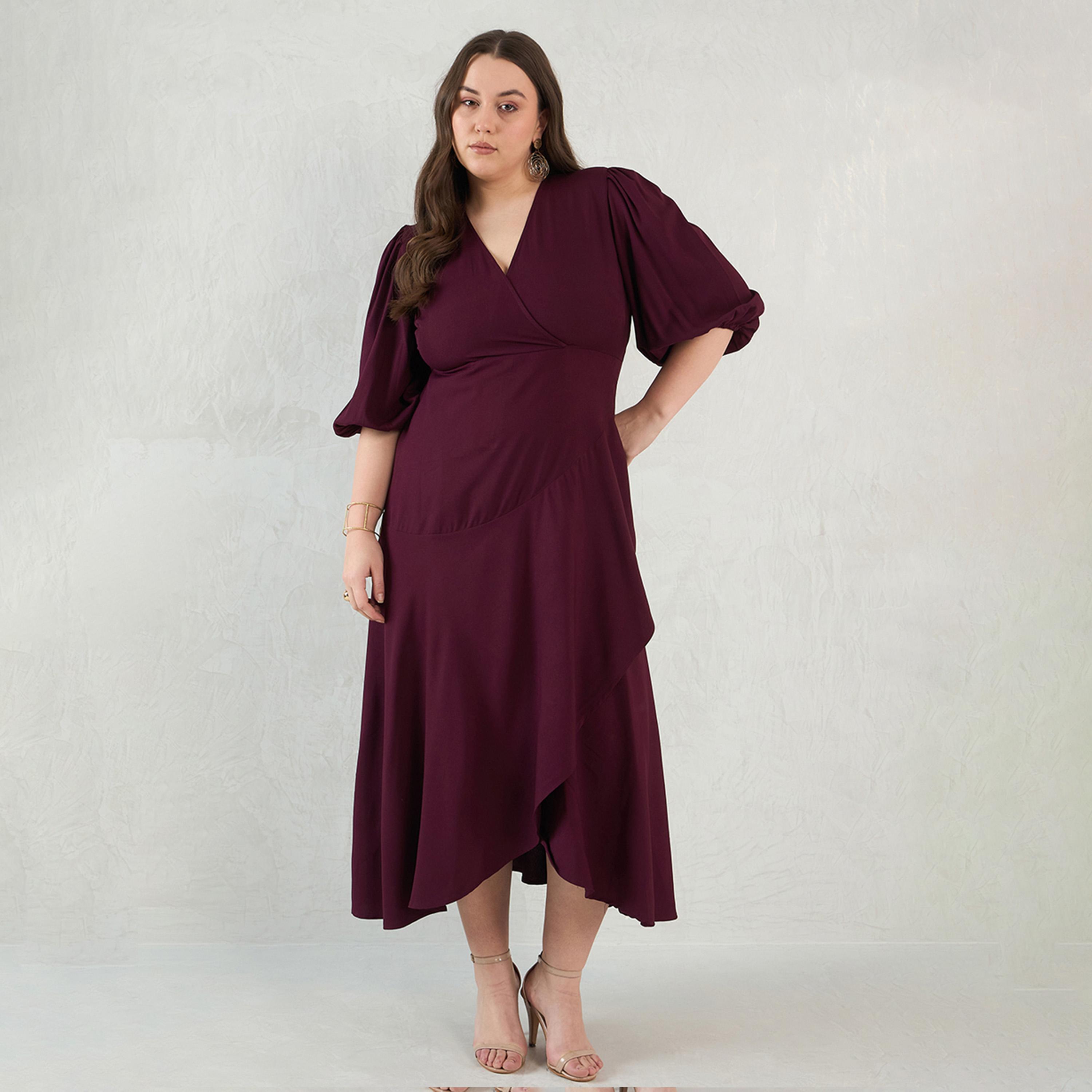 Femmella X Styli Wine Wrap Ruffle Maxi Dress-women-clothing-dresses-image-1
