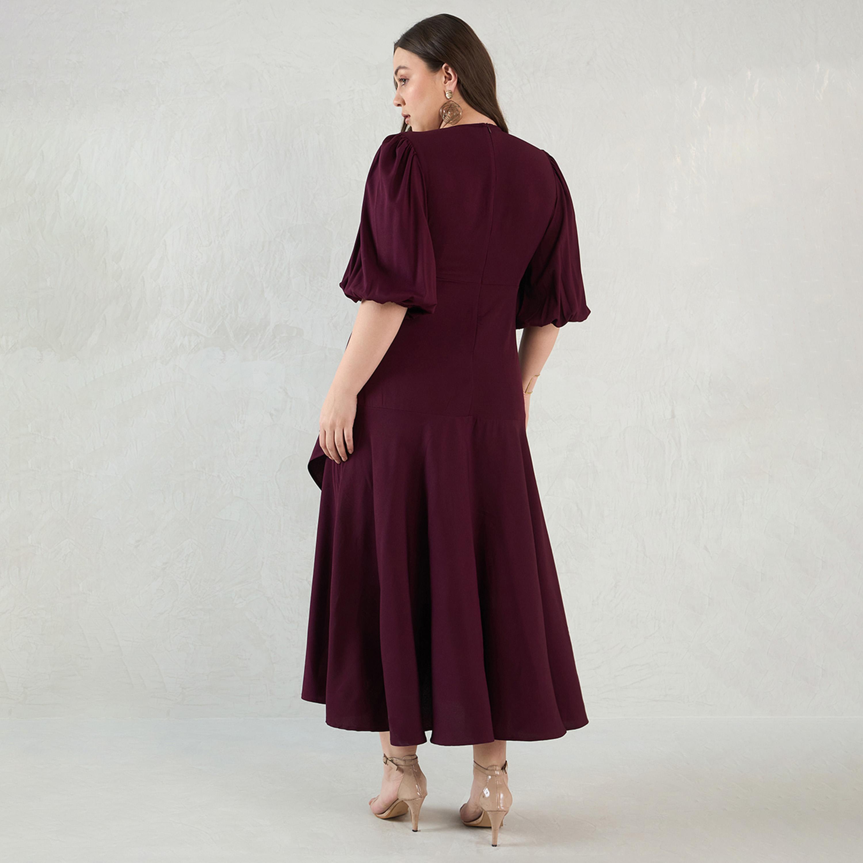 Femmella X Styli Wine Wrap Ruffle Maxi Dress-women-clothing-dresses-image-2