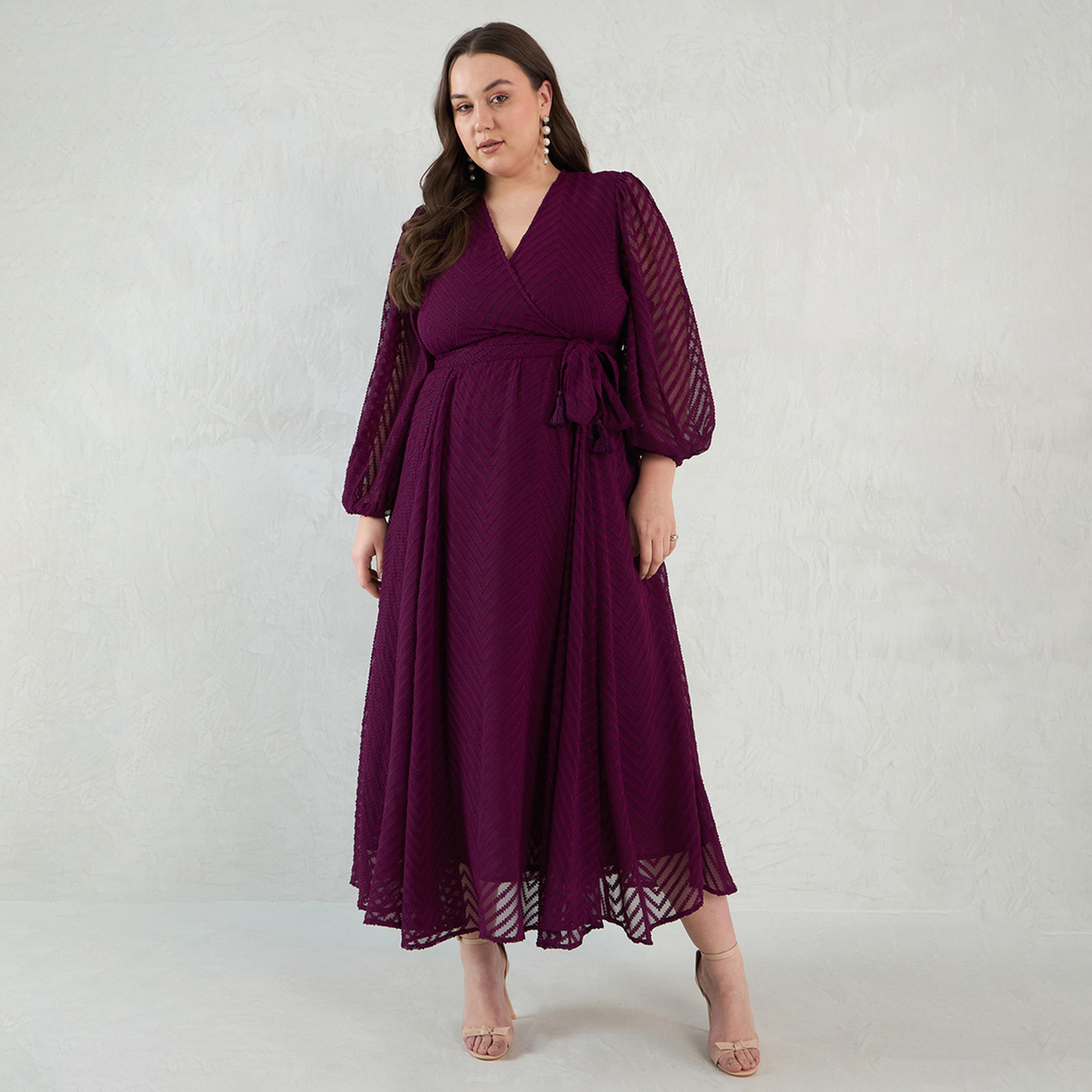 Femmella X Styli Wine Chevron Dobby Wrap Maxi Dress-women-clothing-dresses-image-1