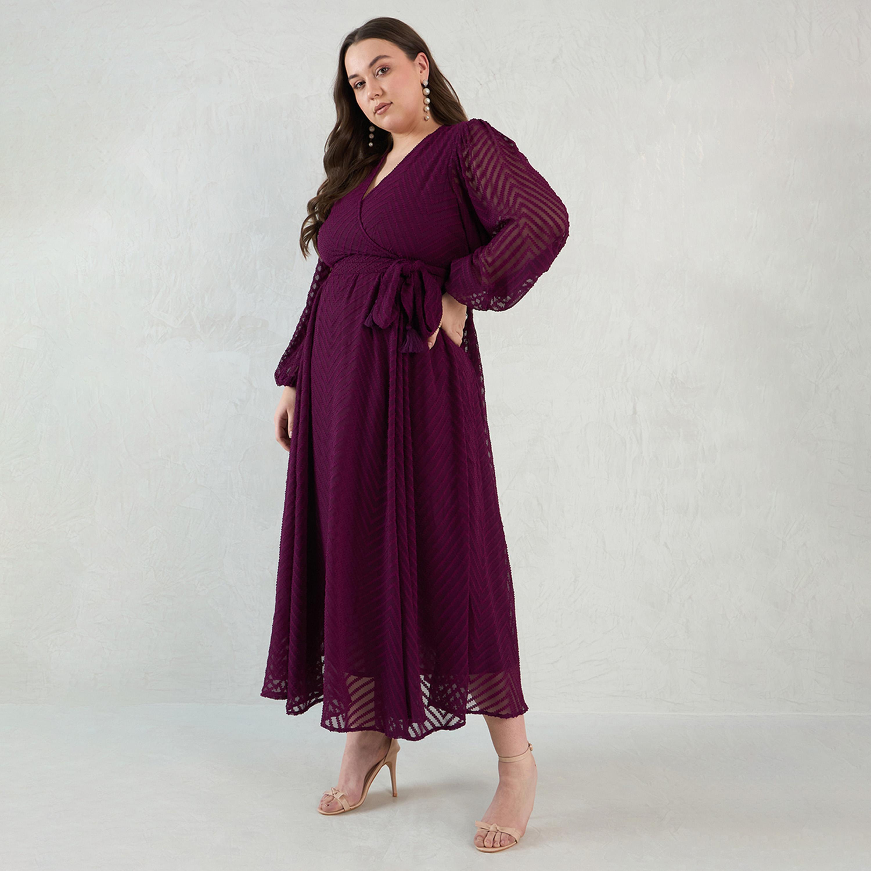 Femmella X Styli Wine Chevron Dobby Wrap Maxi Dress-women-clothing-dresses-image-2