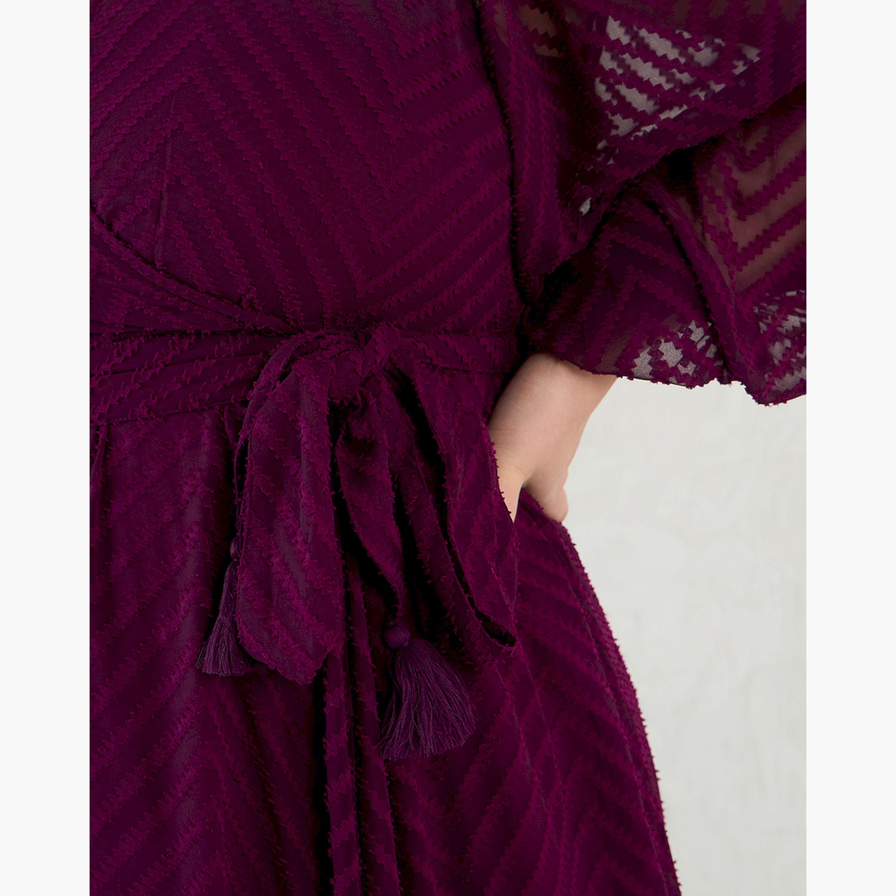 Femmella X Styli Wine Chevron Dobby Wrap Maxi Dress-women-clothing-dresses-image-3