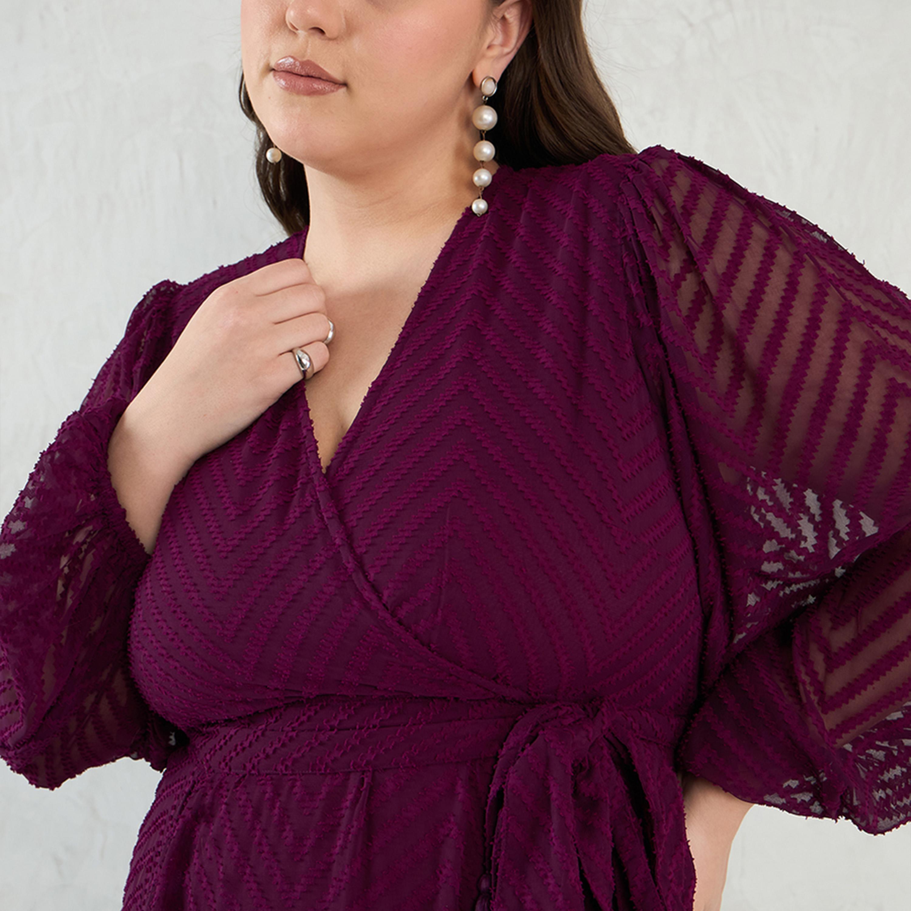 Femmella X Styli Wine Chevron Dobby Wrap Maxi Dress-women-clothing-dresses-image-4