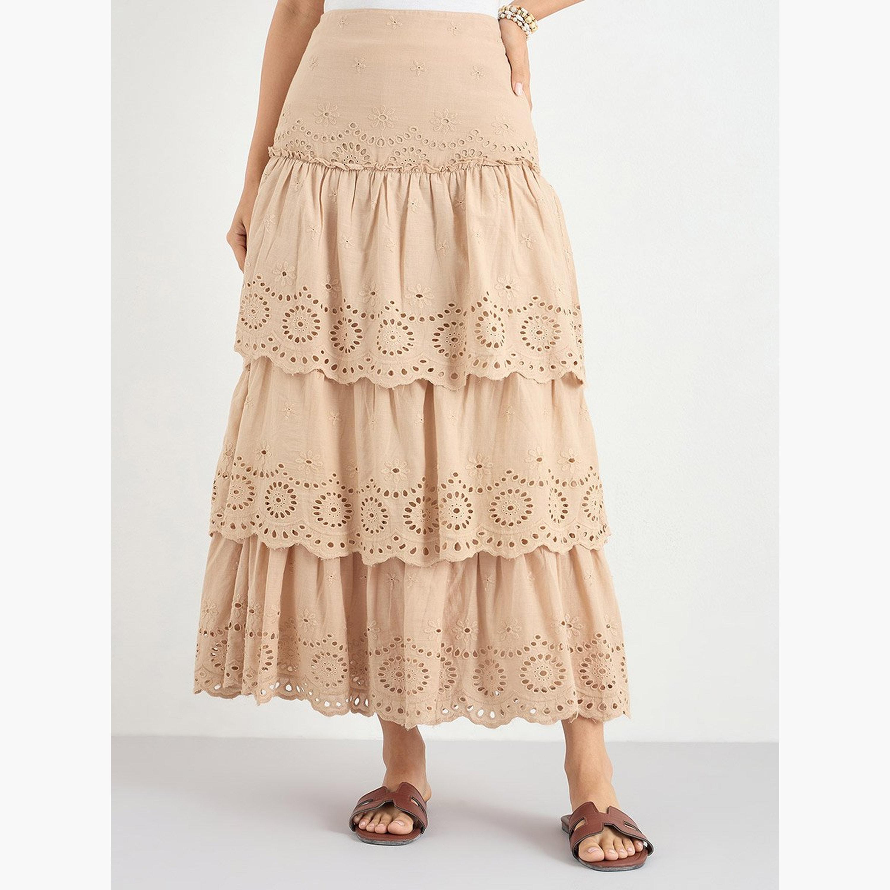 Styli Beige Schiffli Layered Maxi Skirt-women-clothing-bottoms-skirts-image-1
