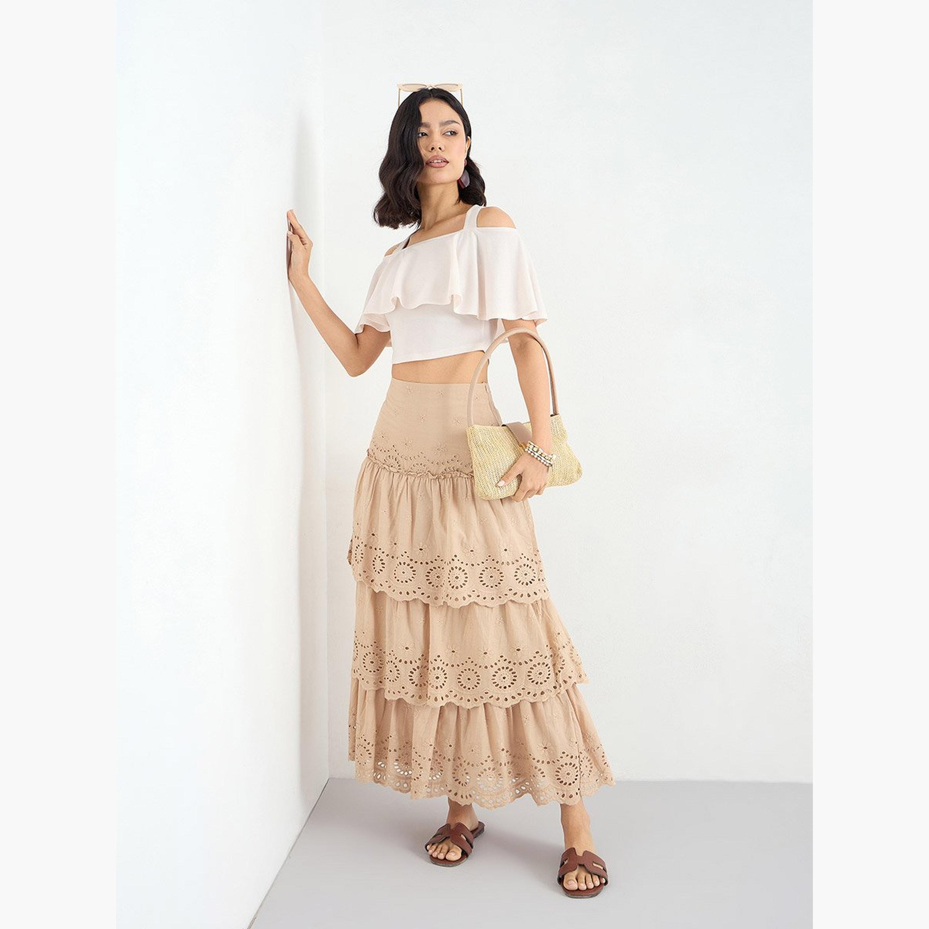 Styli Beige Schiffli Layered Maxi Skirt-women-clothing-bottoms-skirts-image-2