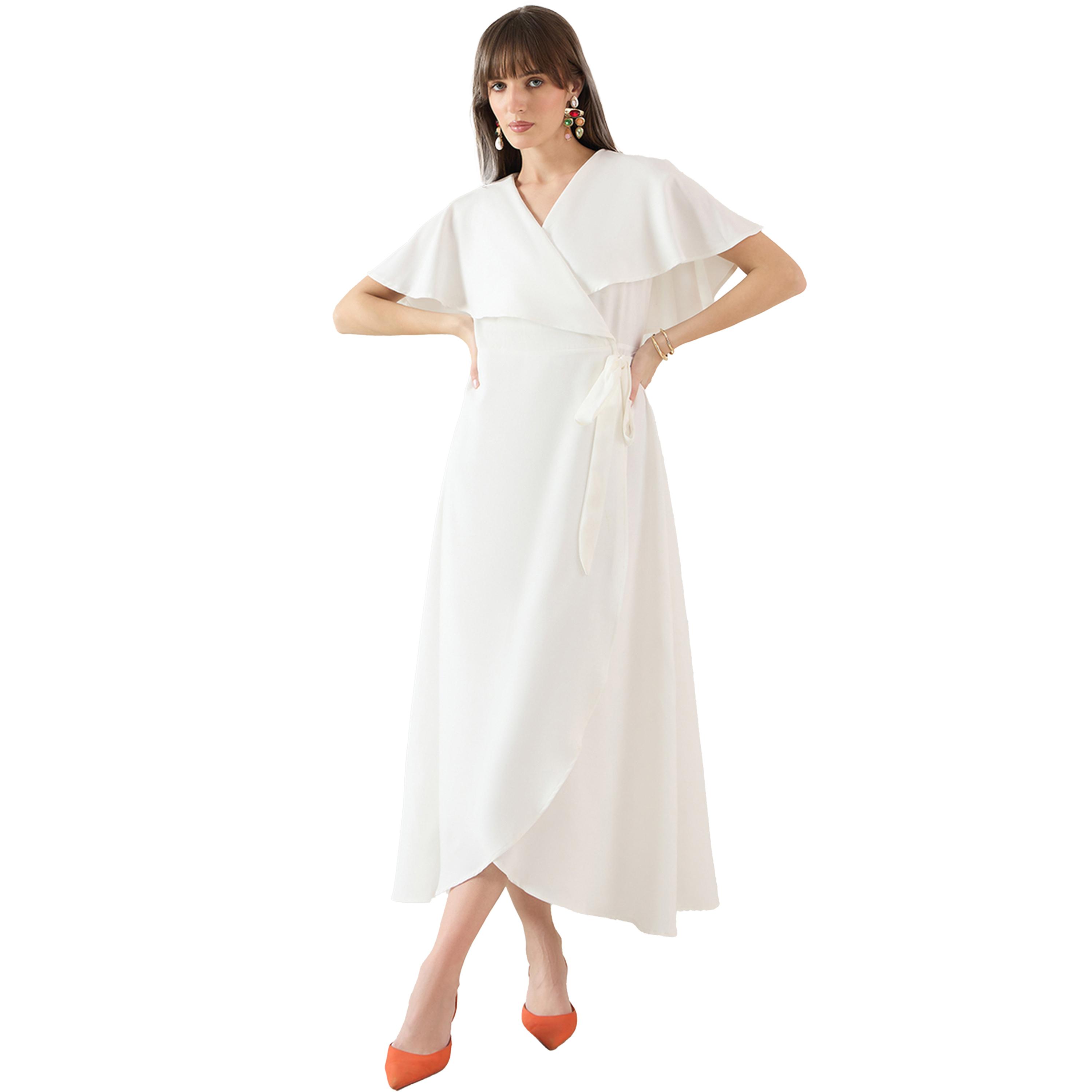 فيميلا × ستايلي-  فستان ماكسي ملفوف بأكمام كيب وكشكشة سادة-women-clothing-dresses-image-2