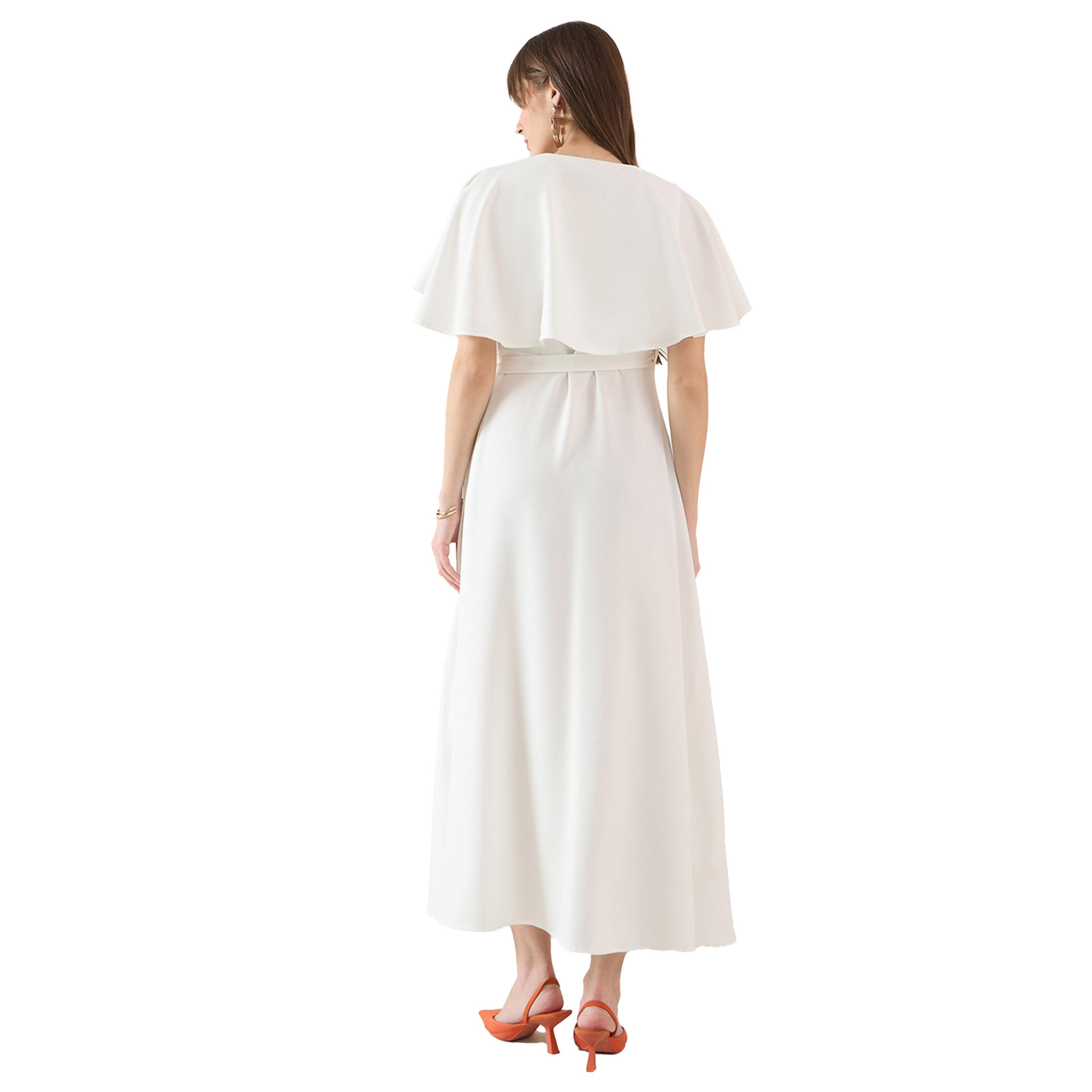 فيميلا × ستايلي-  فستان ماكسي ملفوف بأكمام كيب وكشكشة سادة-women-clothing-dresses-image-3