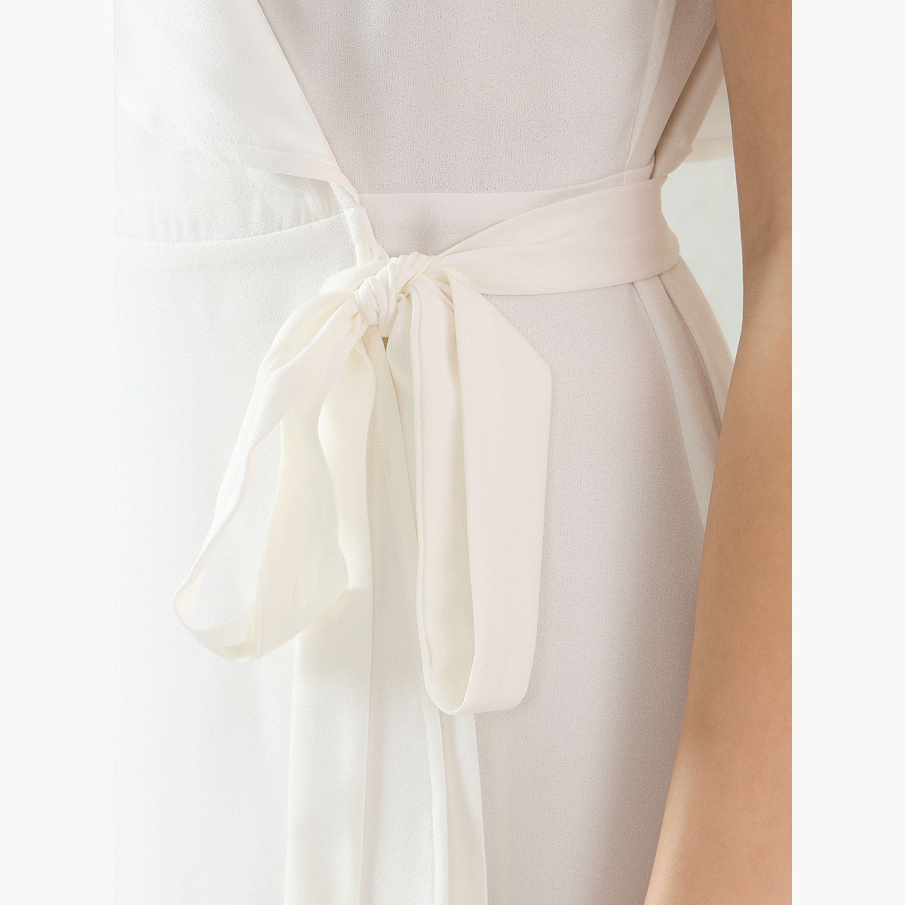 فيميلا × ستايلي-  فستان ماكسي ملفوف بأكمام كيب وكشكشة سادة-women-clothing-dresses-image-6