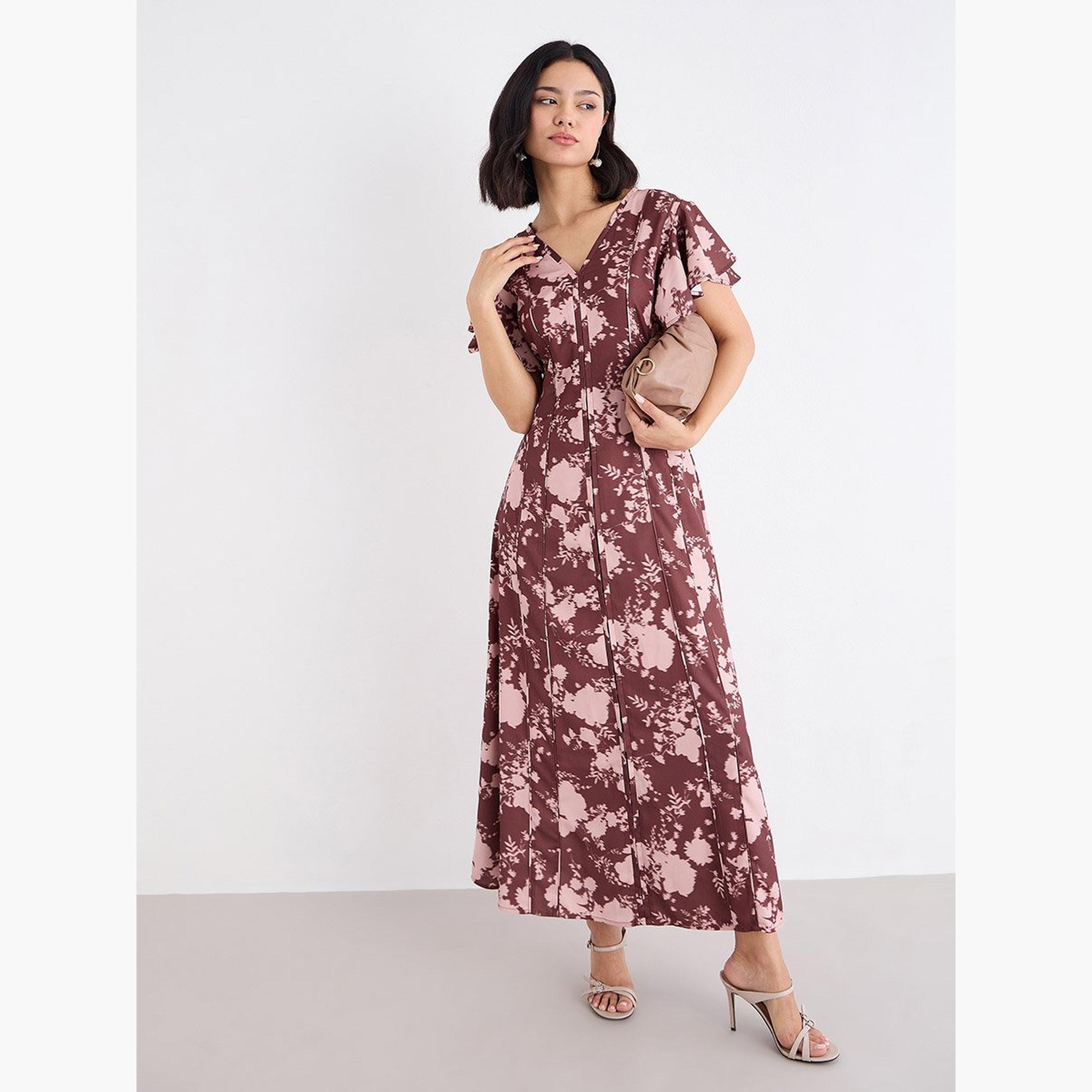 Styli Women Brown Floral Frill Sleeve Maxi Dress-women-clothing-dresses-image-1