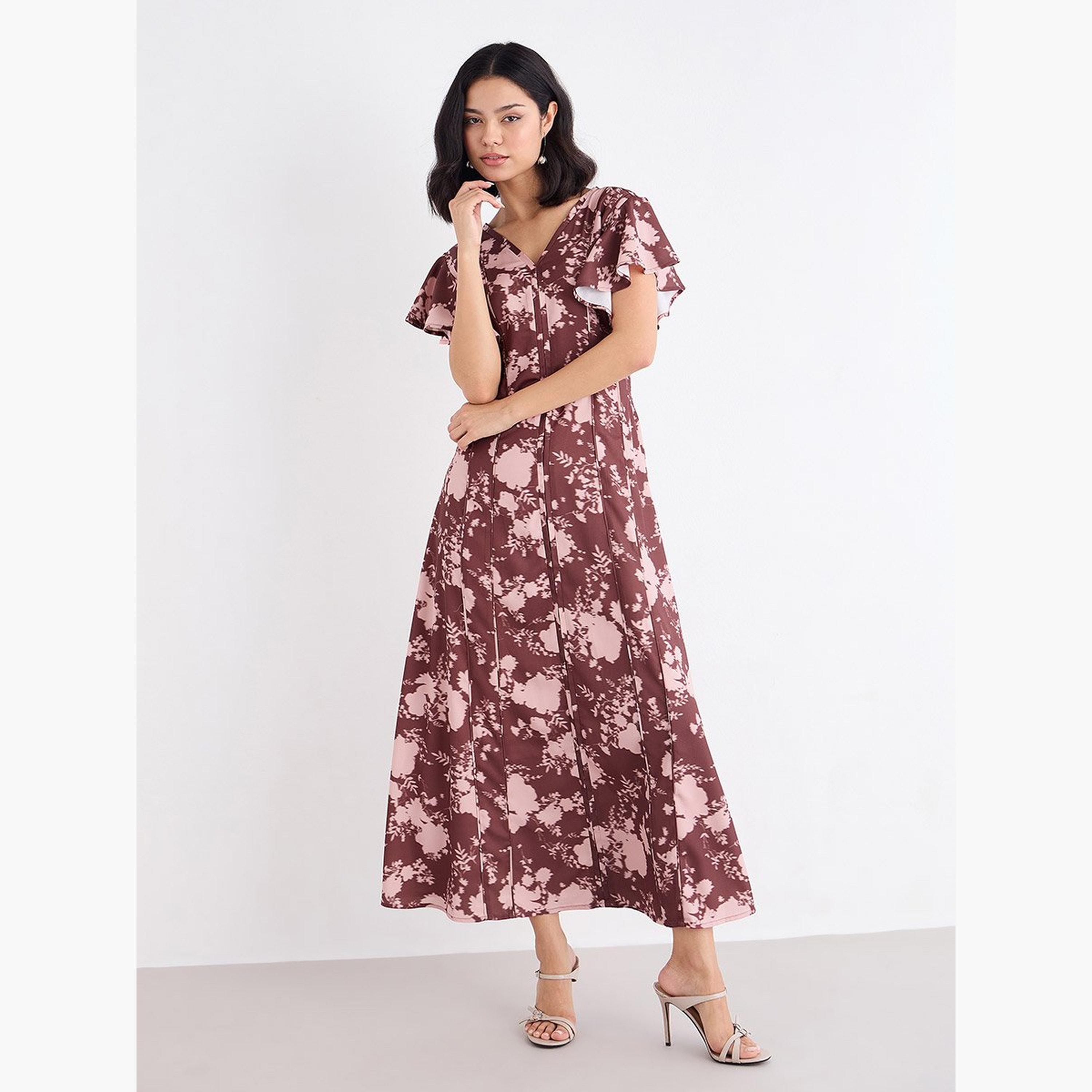 Styli Women Brown Floral Frill Sleeve Maxi Dress-women-clothing-dresses-image-2