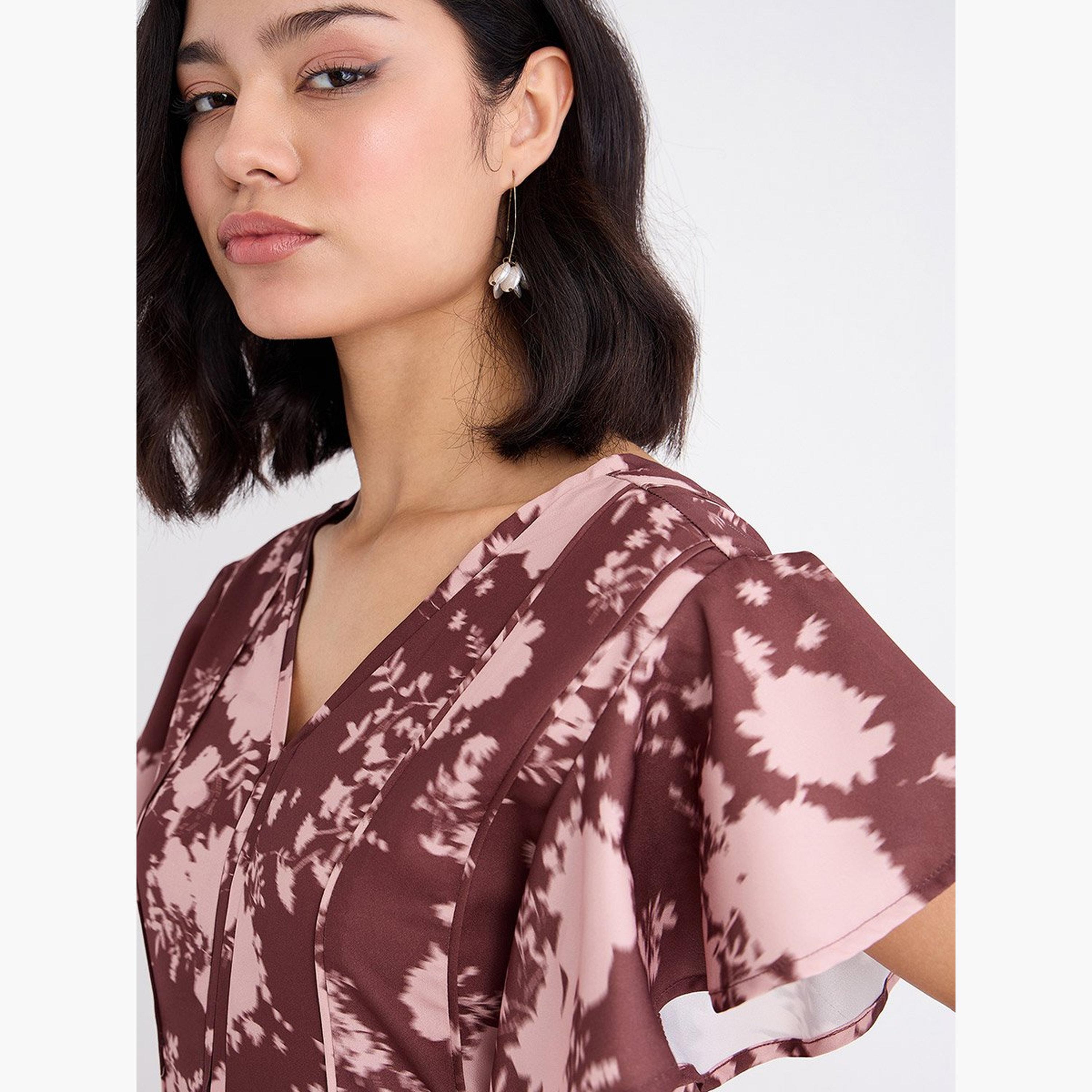 ستايلي - فستان ماكسي بني بأكمام مكشكشة مزهر للنساء-women-clothing-dresses-image-4