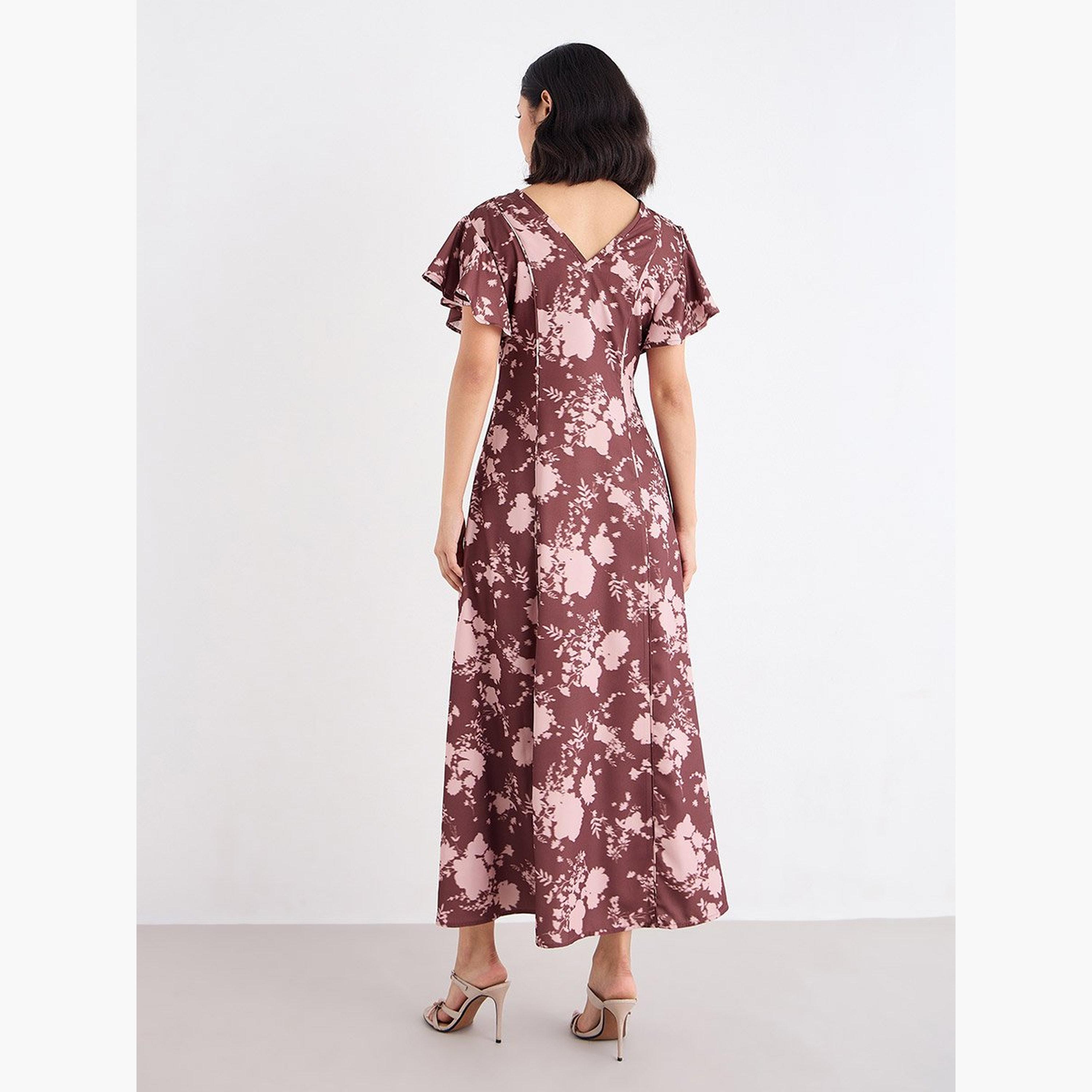 ستايلي - فستان ماكسي بني بأكمام مكشكشة مزهر للنساء-women-clothing-dresses-image-5