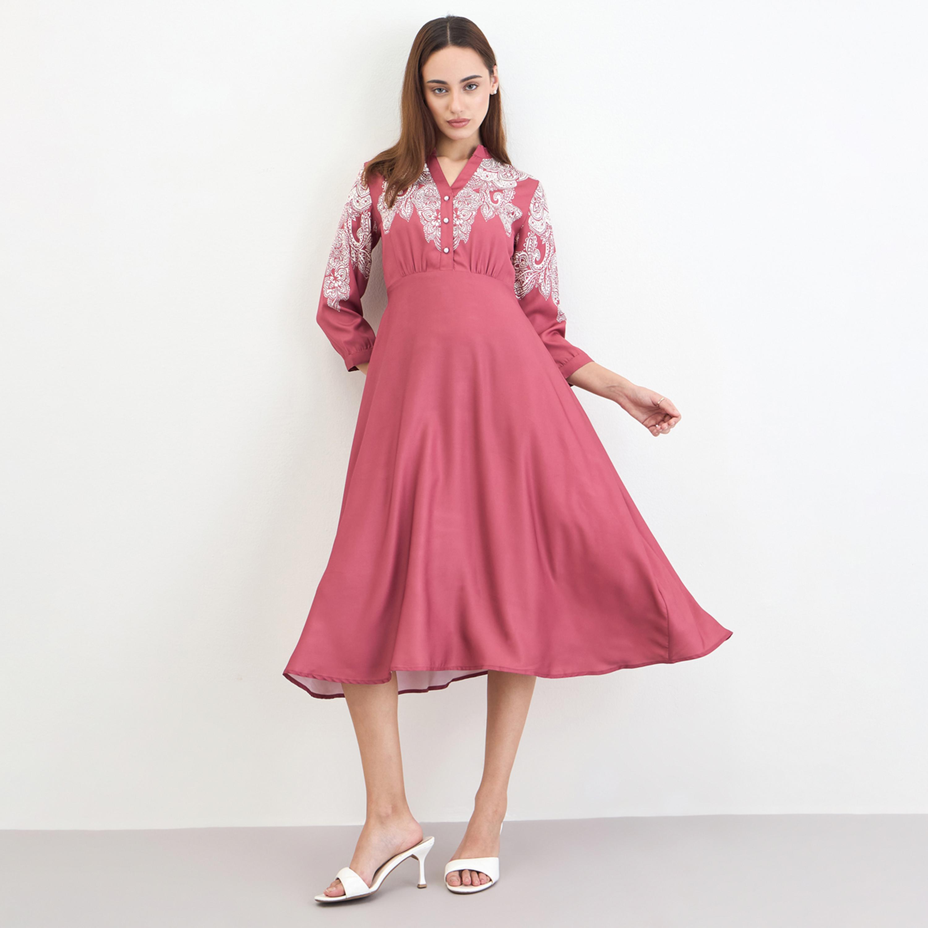 Styli Pink Printed Buttoned Midi Dress-women-clothing-dresses-image-1