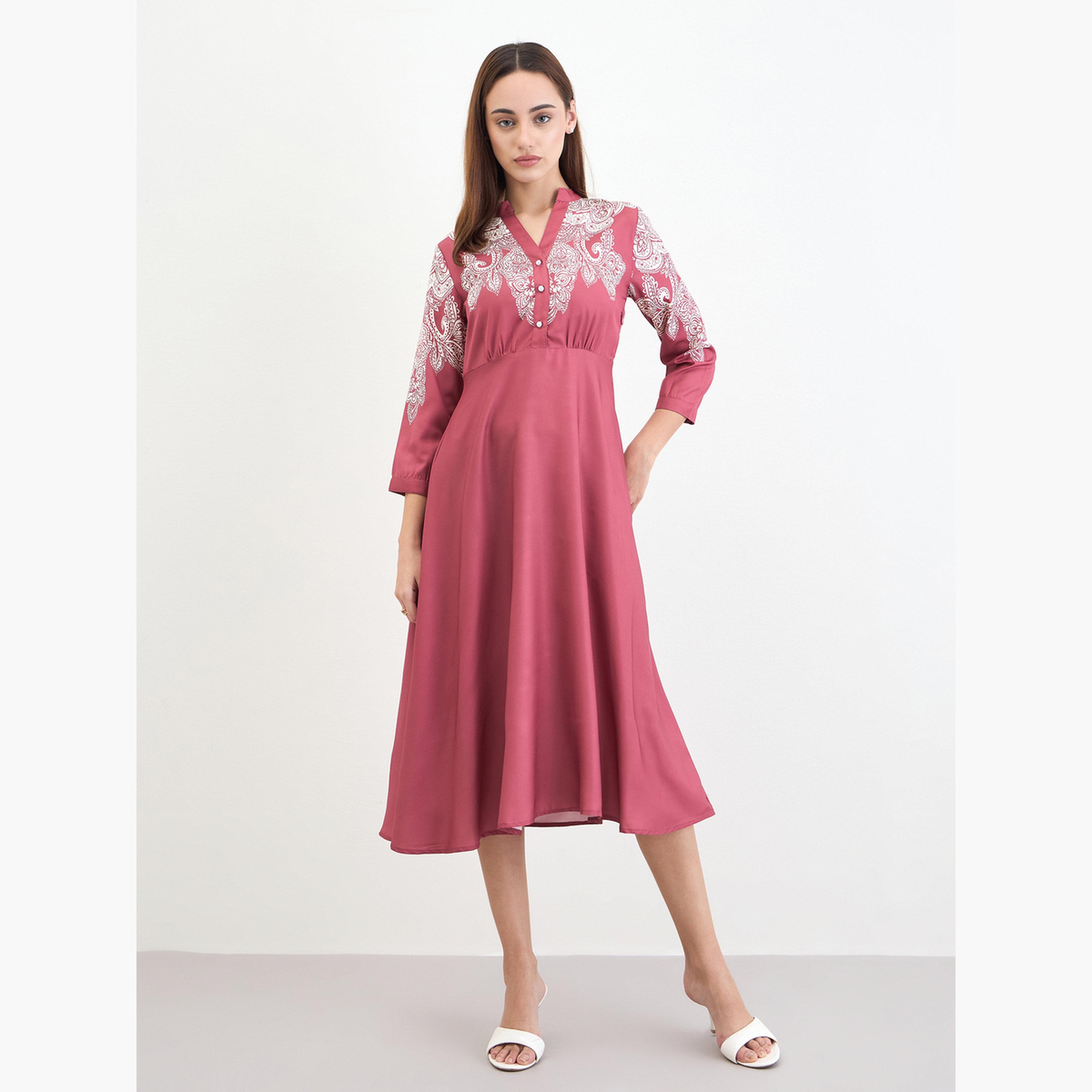 ستايلي - فستان ميدي وردي مطبوع بأزرار-women-clothing-dresses-image-3