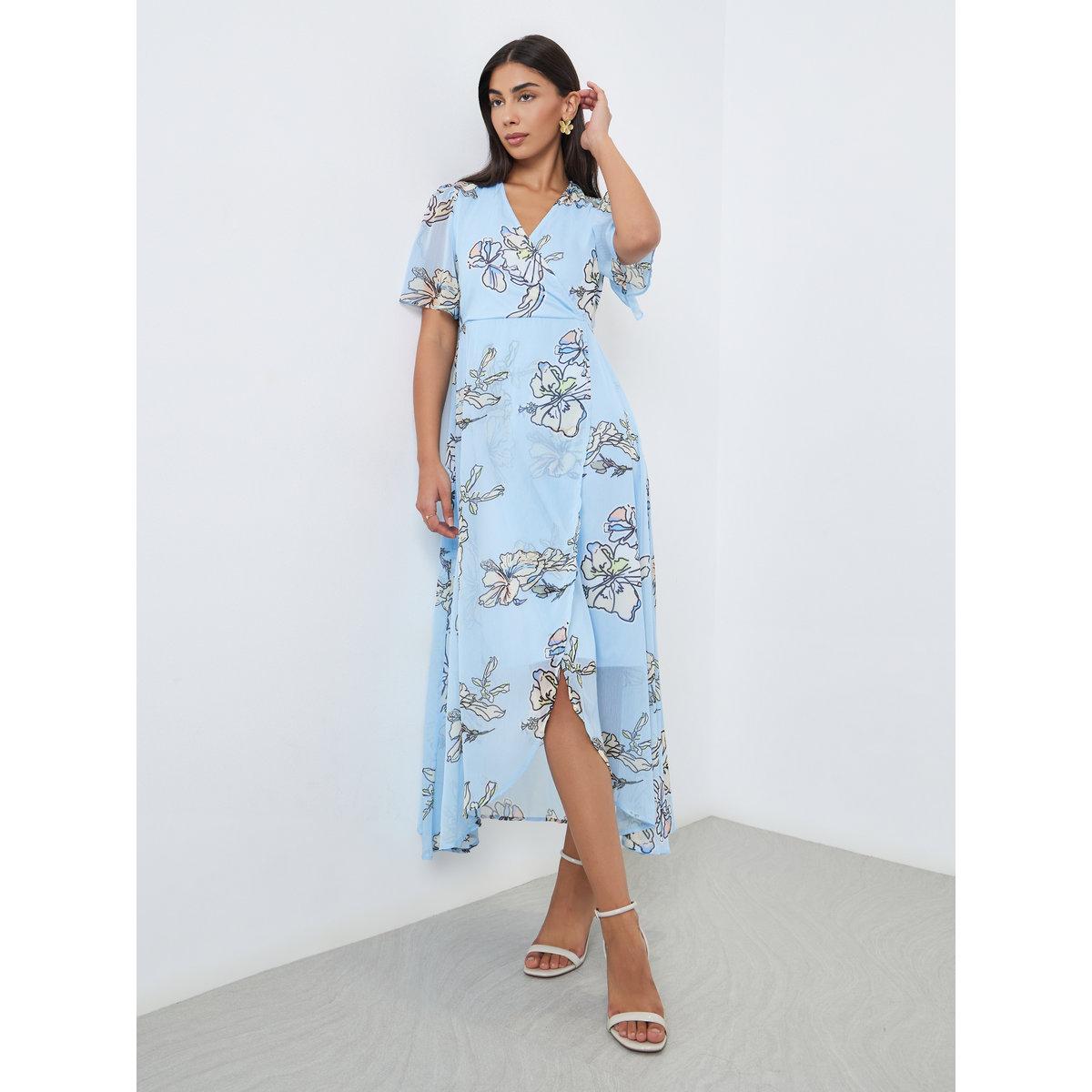 فستان طويل أزرق فاتح ملفوف ومطبوع بالزهور-women-clothing-dresses-image-1