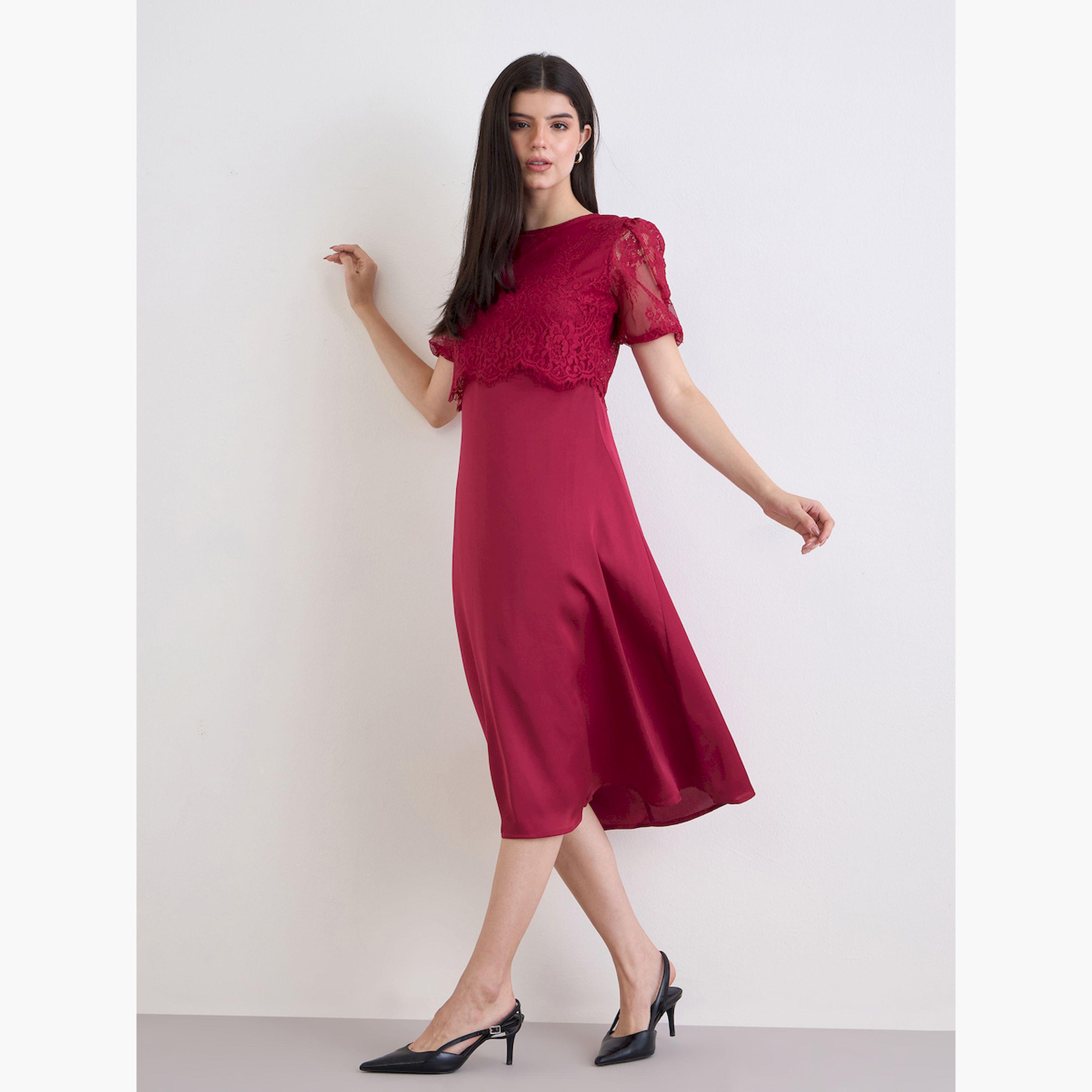 فستان ميدي بطبقة دانتيل وحافة واسعة للنساء-women-clothing-dresses-image-1