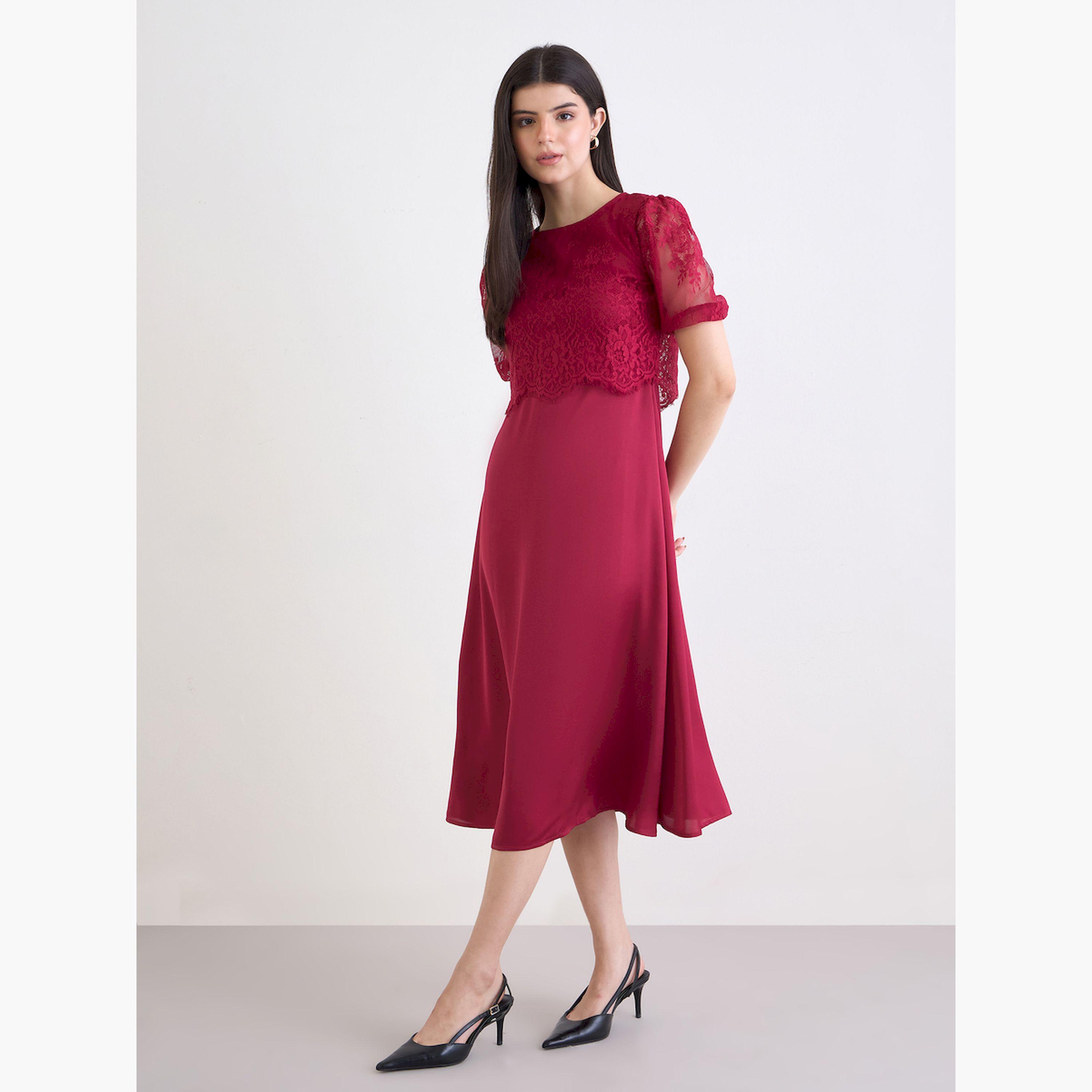 Styli Women Red Lace Layer A-Line Midi Dress-women-clothing-dresses-image-2