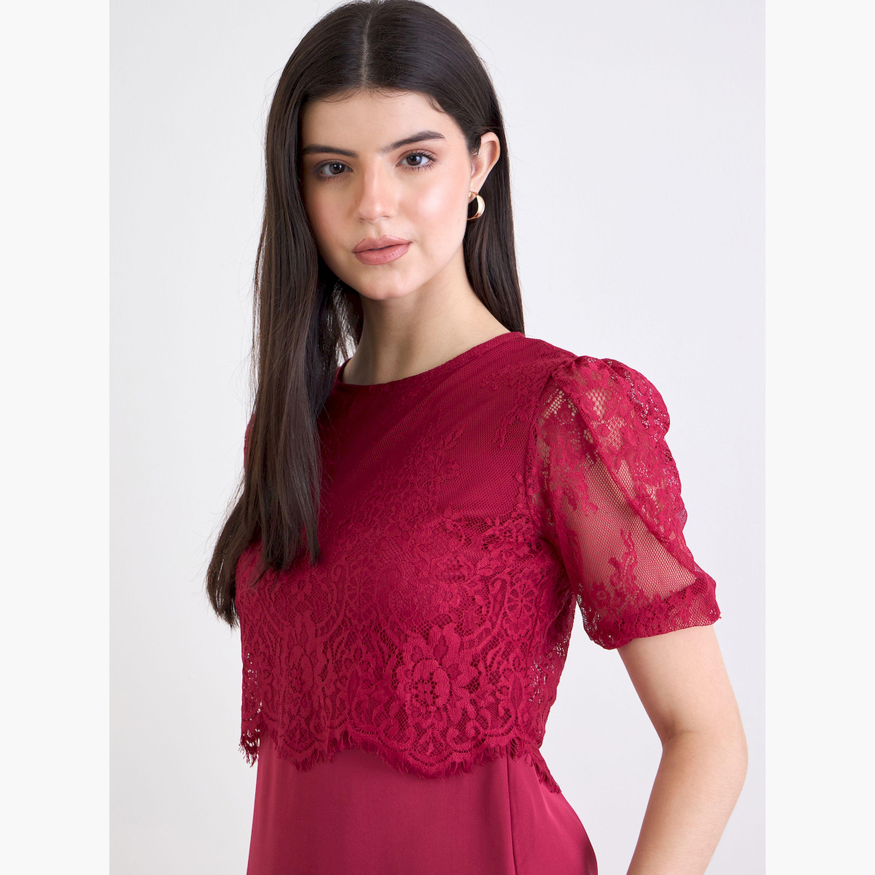 فستان ميدي بطبقة دانتيل وحافة واسعة للنساء-women-clothing-dresses-image-3