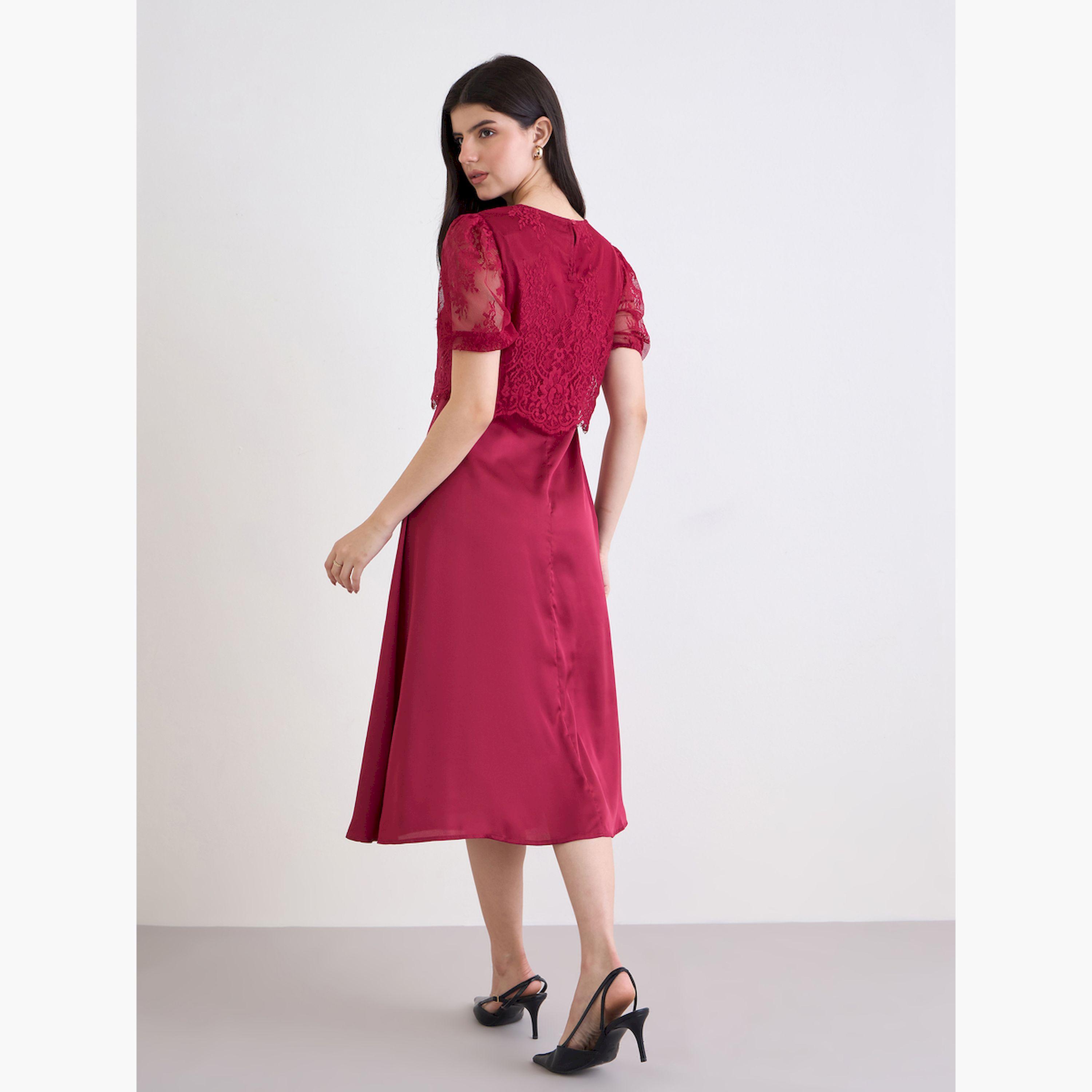 فستان ميدي بطبقة دانتيل وحافة واسعة للنساء-women-clothing-dresses-image-4