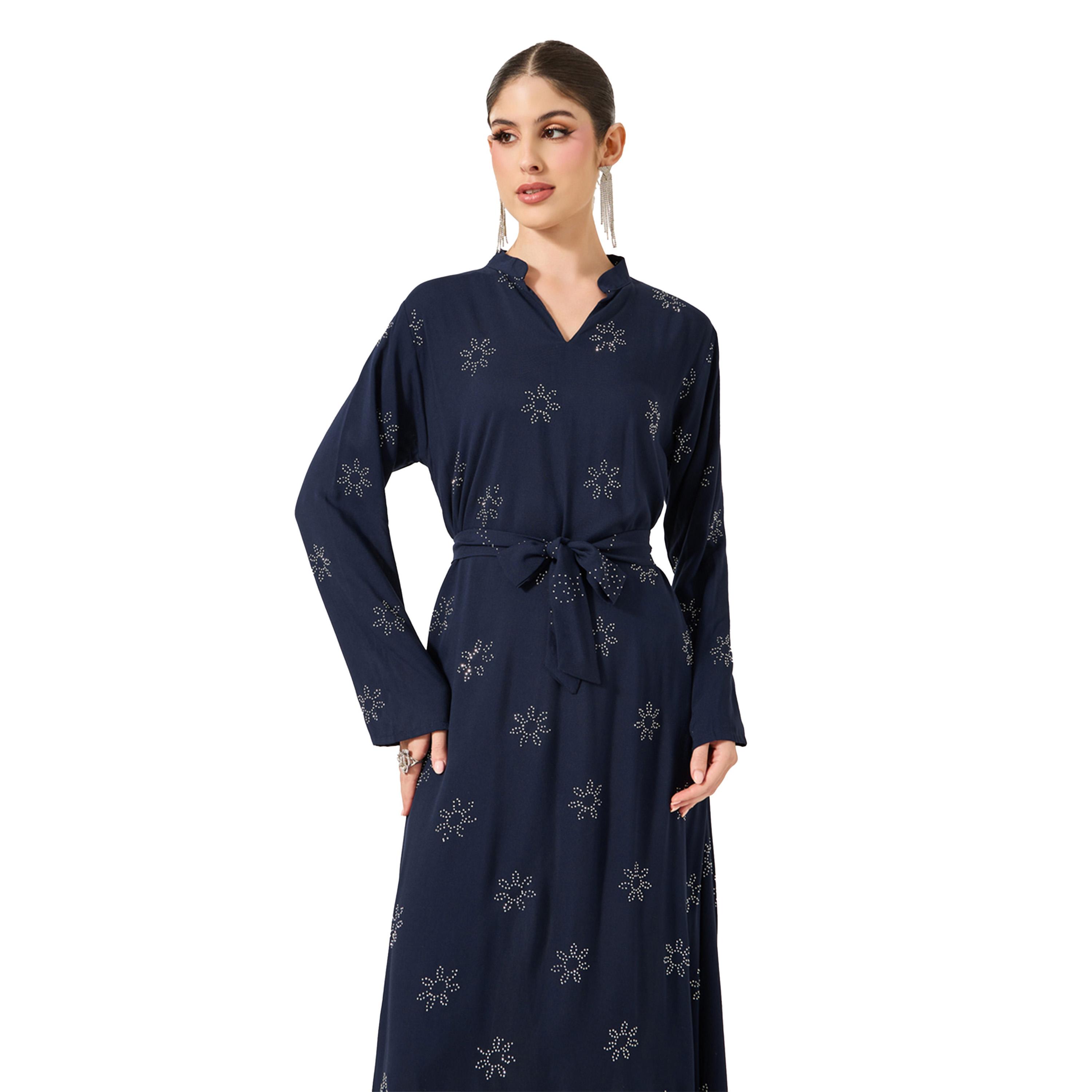 Amirah X Styli Embellished Stand Collar Waist Tie-Up Jalabyia-women-arabicclothing-jalabiyas-image-3