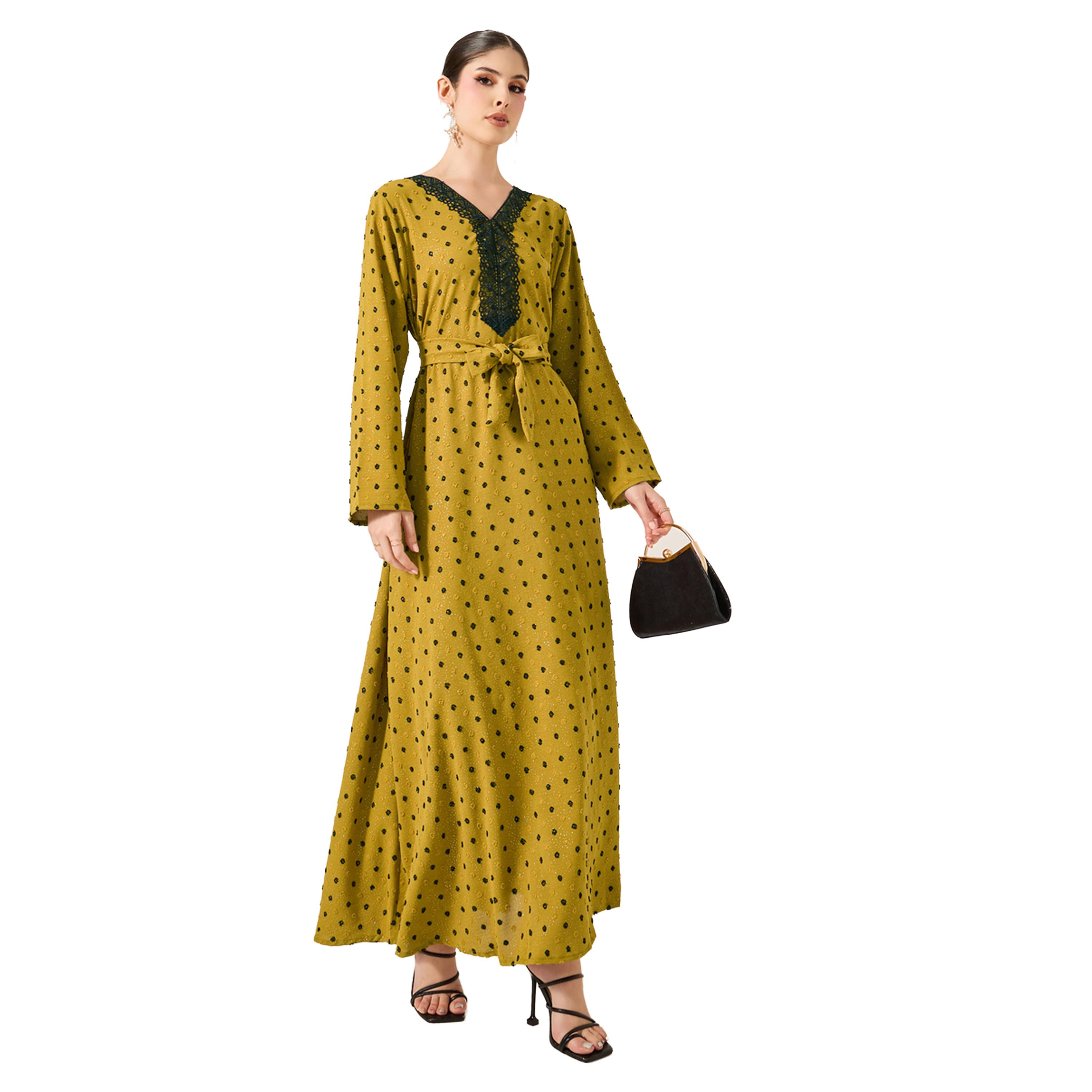 Amirah X Styli Dobby Lace Detail V-Neck Belted A-Line Jalabyia-women-arabicclothing-jalabiyas-image-1