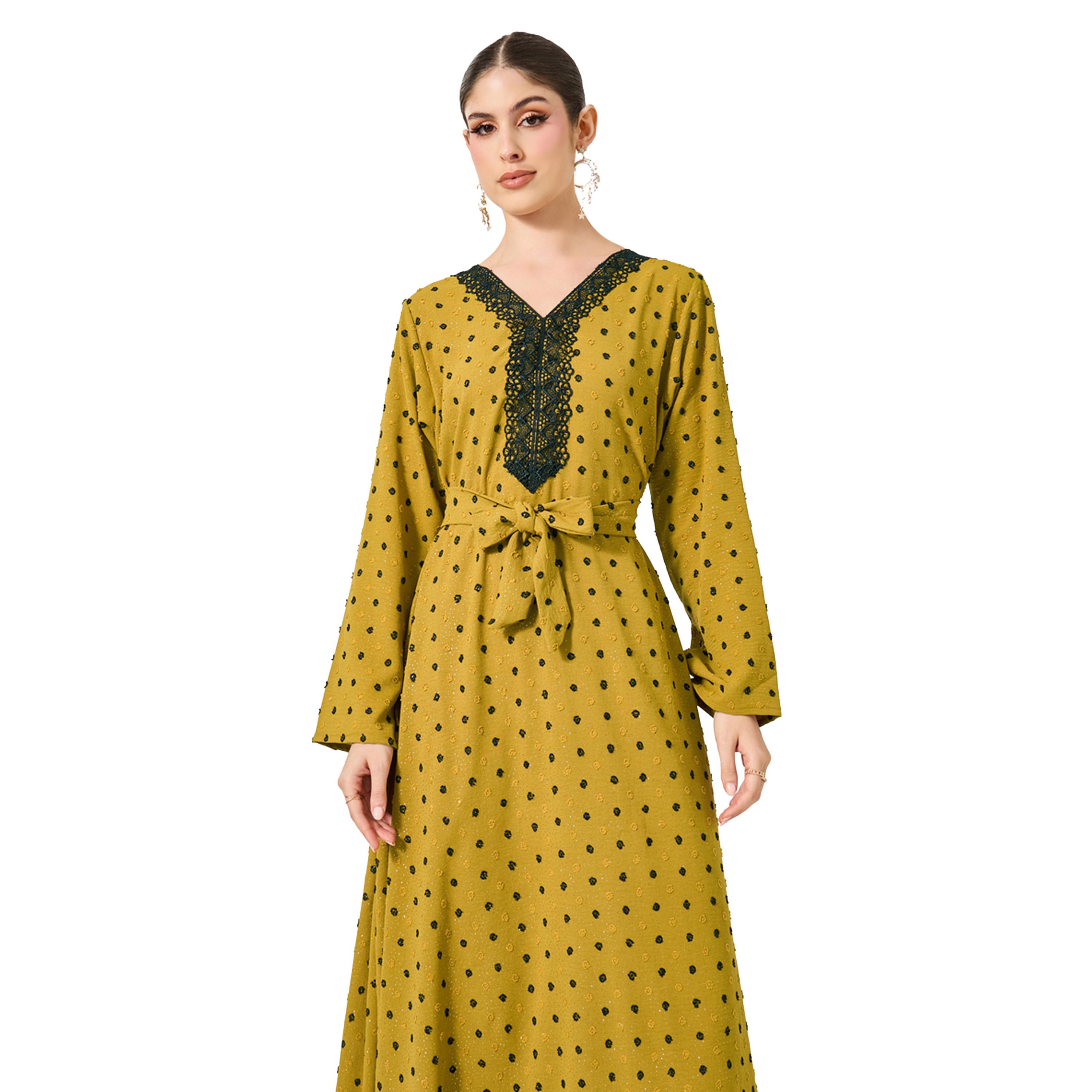 Amirah X Styli Dobby Lace Detail V-Neck Belted A-Line Jalabyia-women-arabicclothing-jalabiyas-image-3