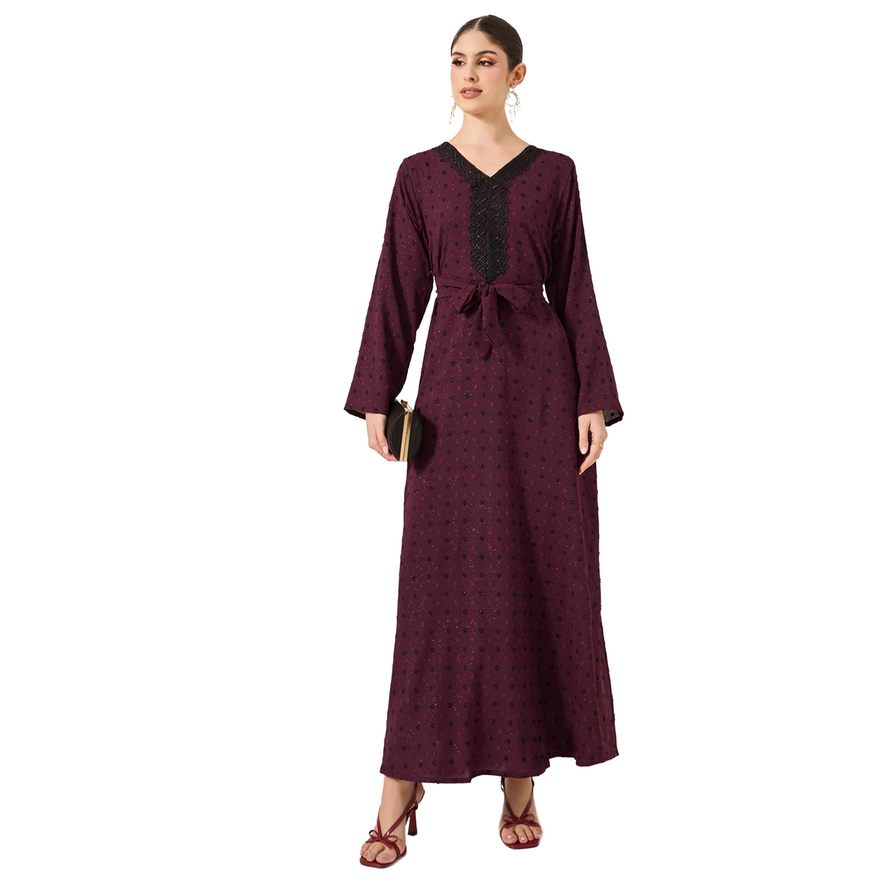 Amirah X Styli Dobby Lace Detail V-Neck Belted A-Line Jalabyia-women-arabicclothing-jalabiyas-image-1
