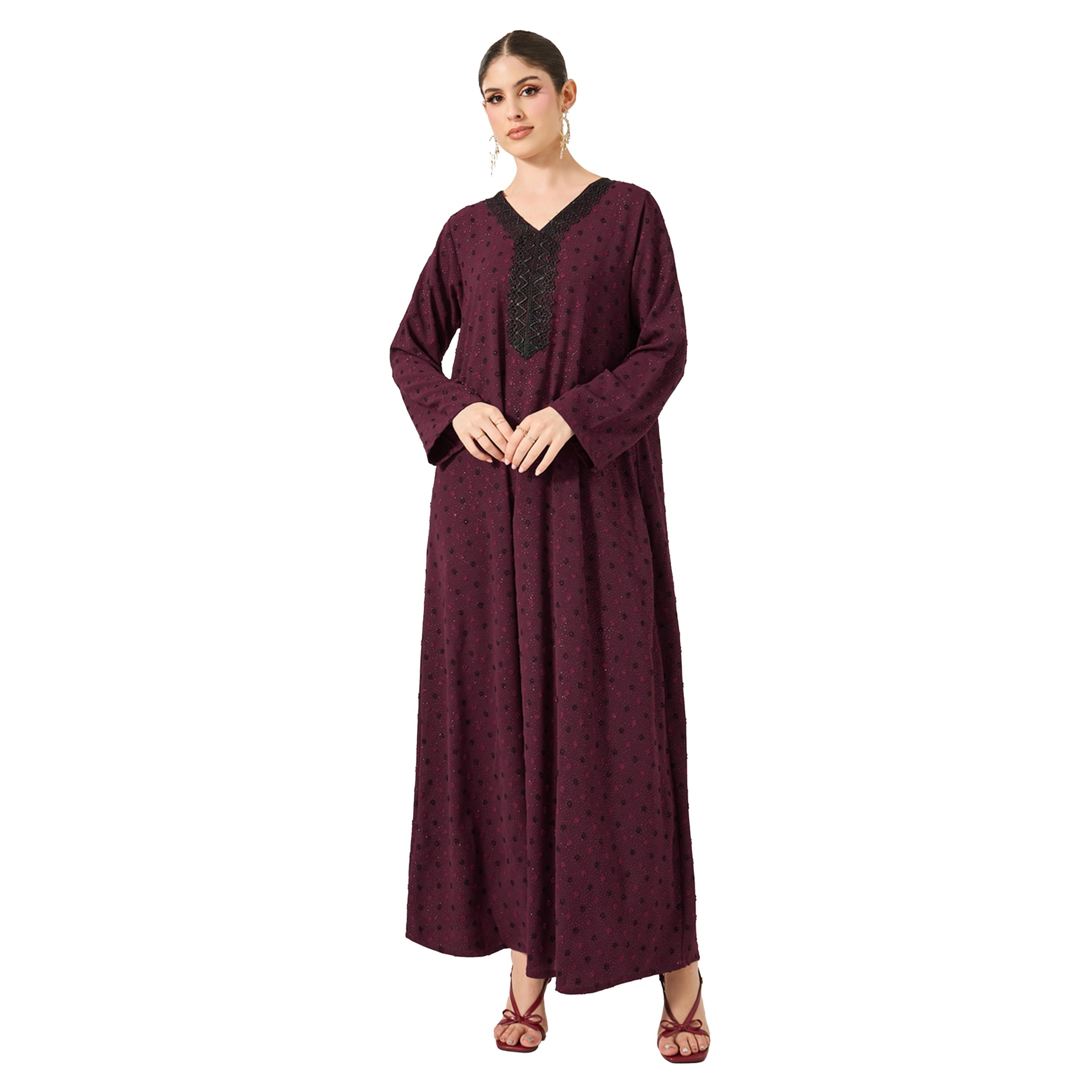 Amirah X Styli Dobby Lace Detail V-Neck Belted A-Line Jalabyia-women-arabicclothing-jalabiyas-image-2