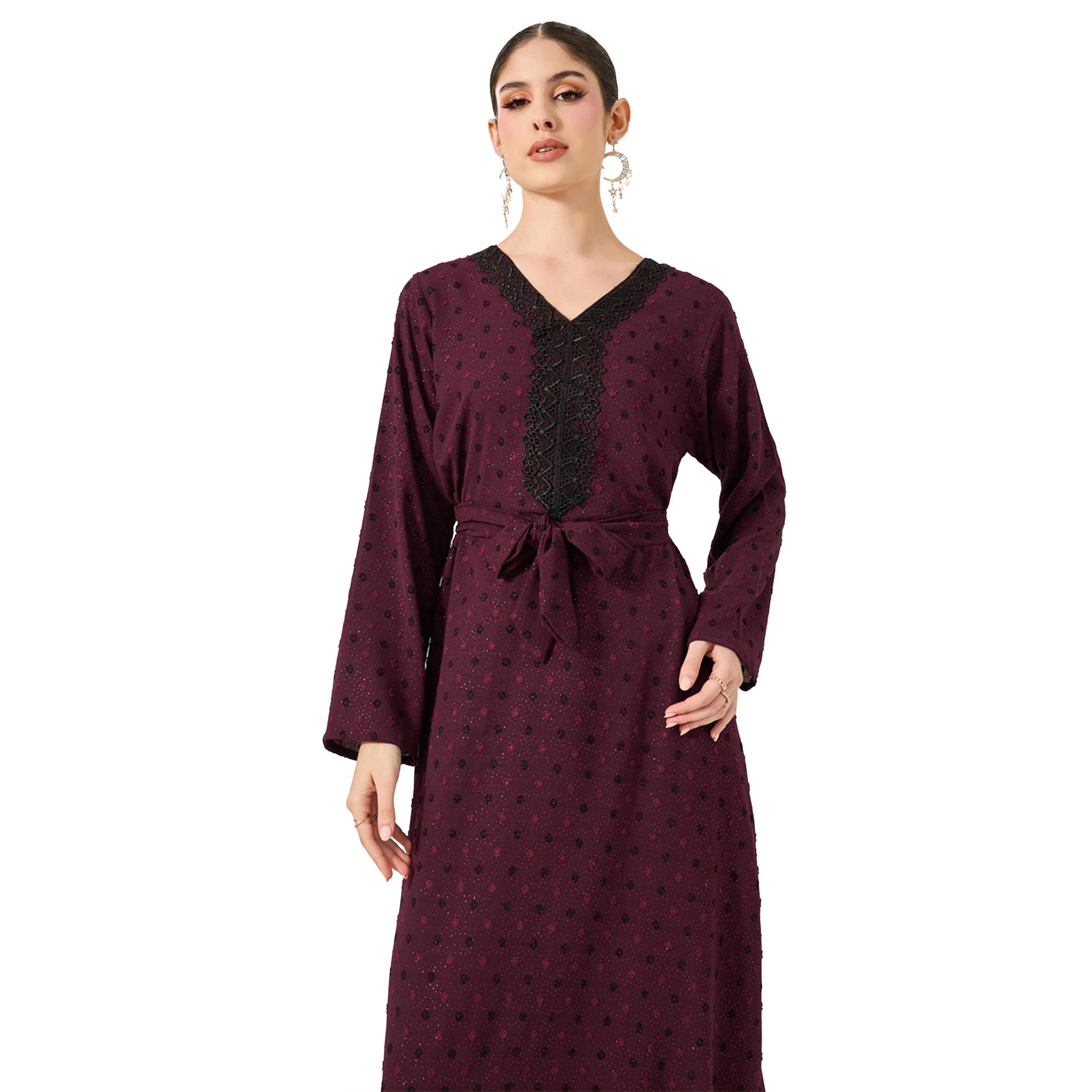 Amirah X Styli Dobby Lace Detail V-Neck Belted A-Line Jalabyia-women-arabicclothing-jalabiyas-image-3