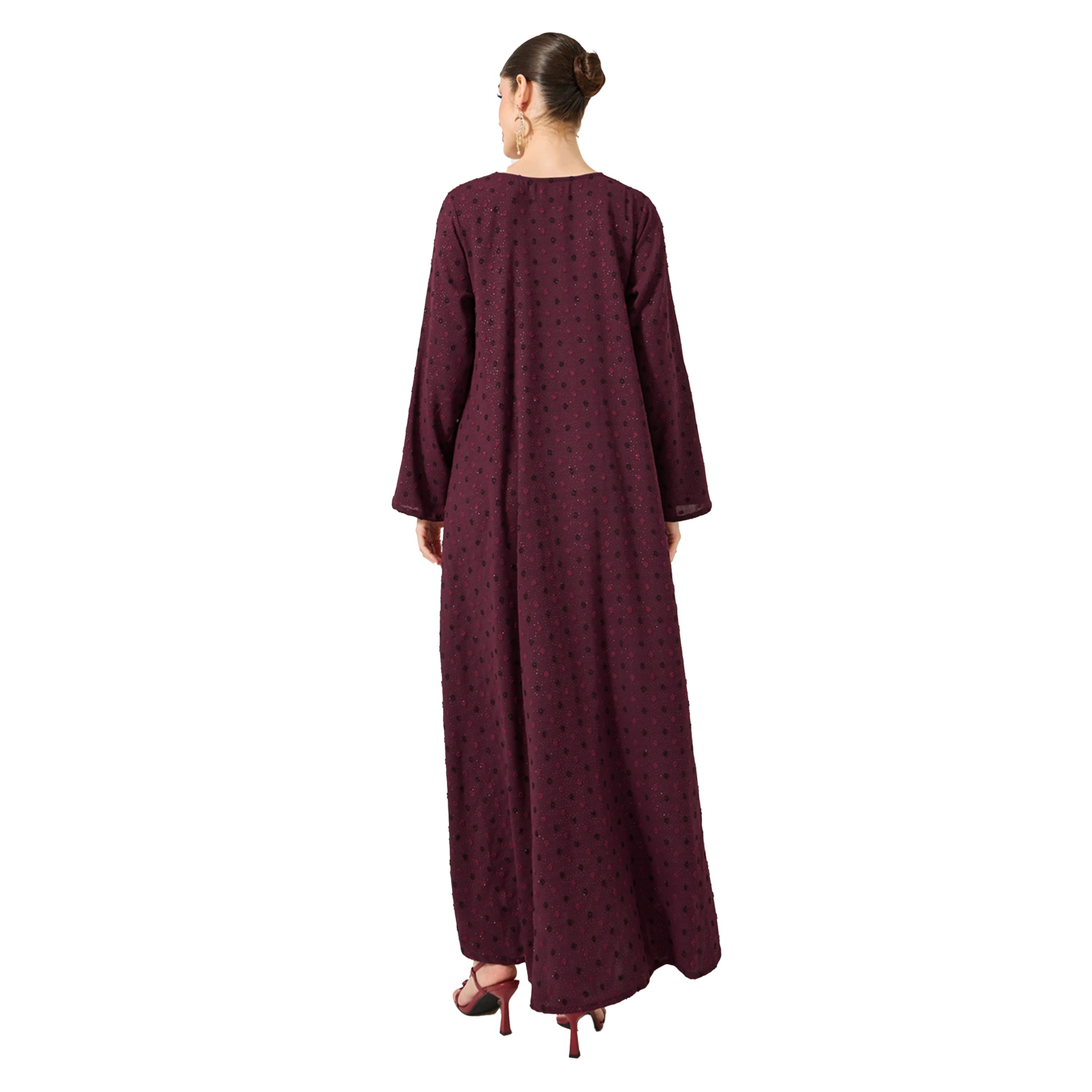 Amirah X Styli Dobby Lace Detail V-Neck Belted A-Line Jalabyia-women-arabicclothing-jalabiyas-image-5