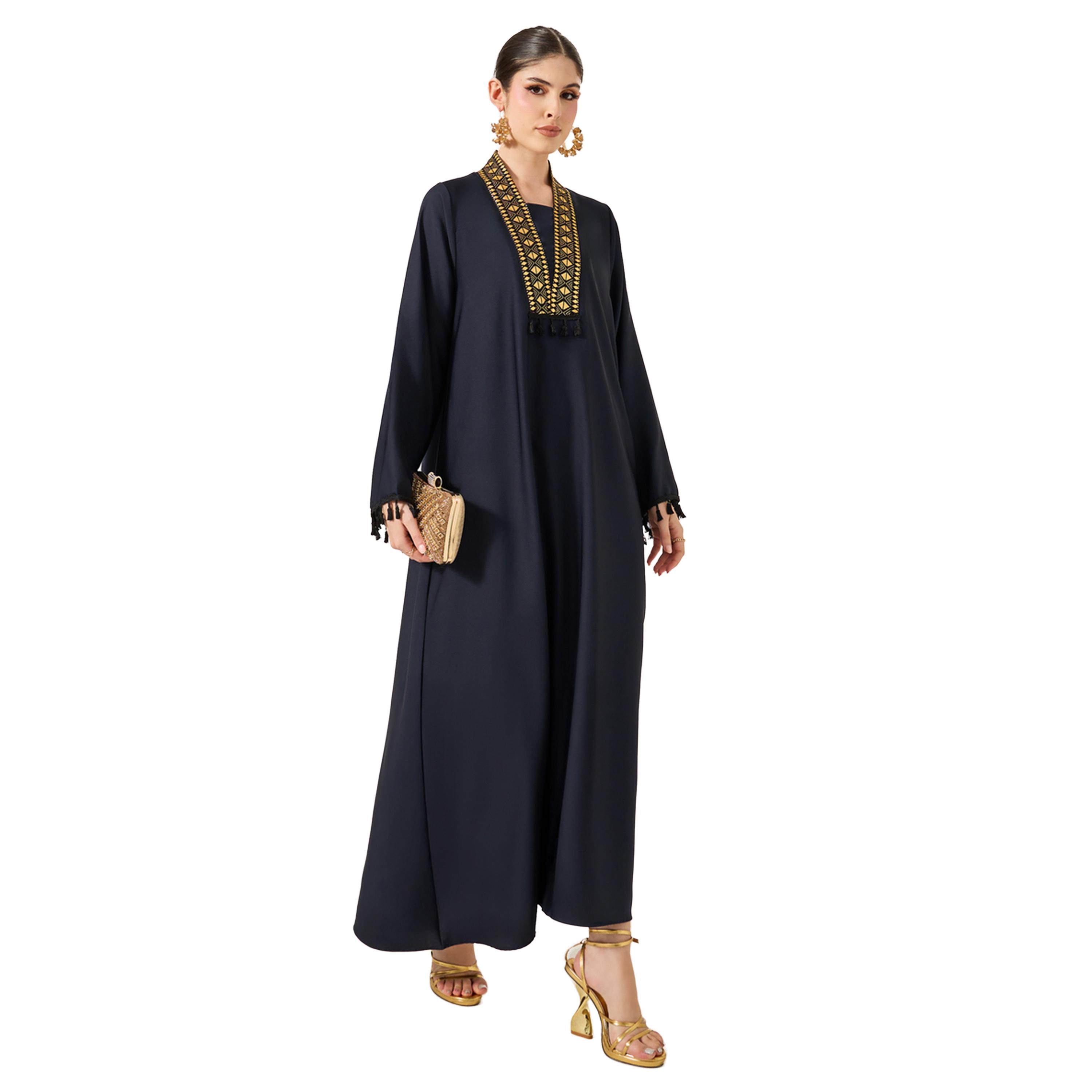 ستايلي - جلابية واسعة بياقة V وتفاصيل دانتيل مع شراشيب-women-arabicclothing-jalabiyas-image-1