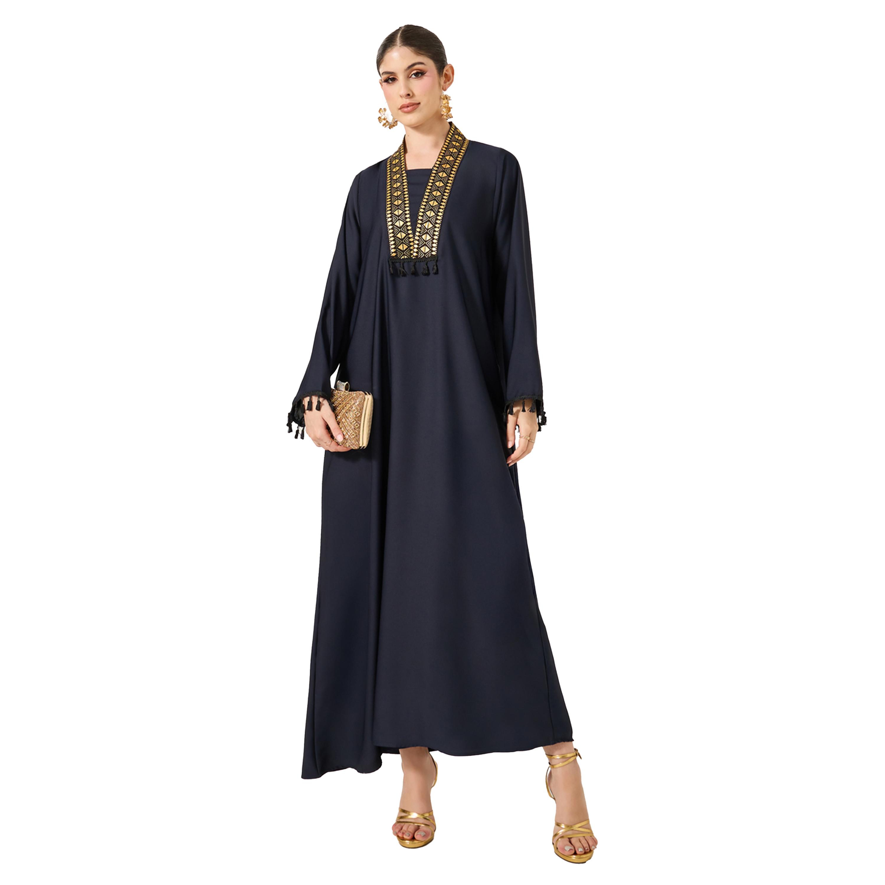 ستايلي - جلابية واسعة بياقة V وتفاصيل دانتيل مع شراشيب-women-arabicclothing-jalabiyas-image-2