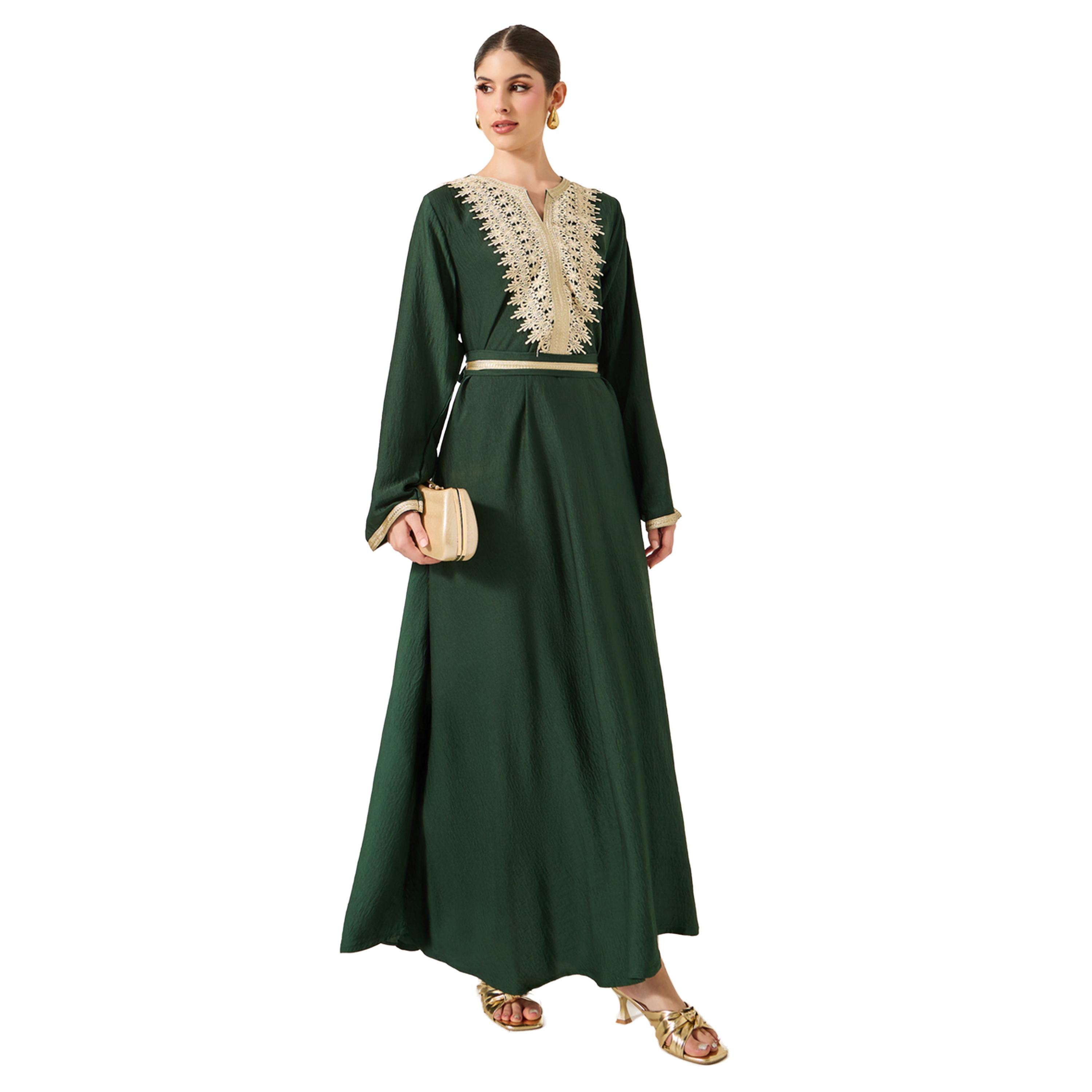 Amirah X Styli Lace Insert Notch Neck Belted Flared Jalabyia-women-arabicclothing-jalabiyas-image-1