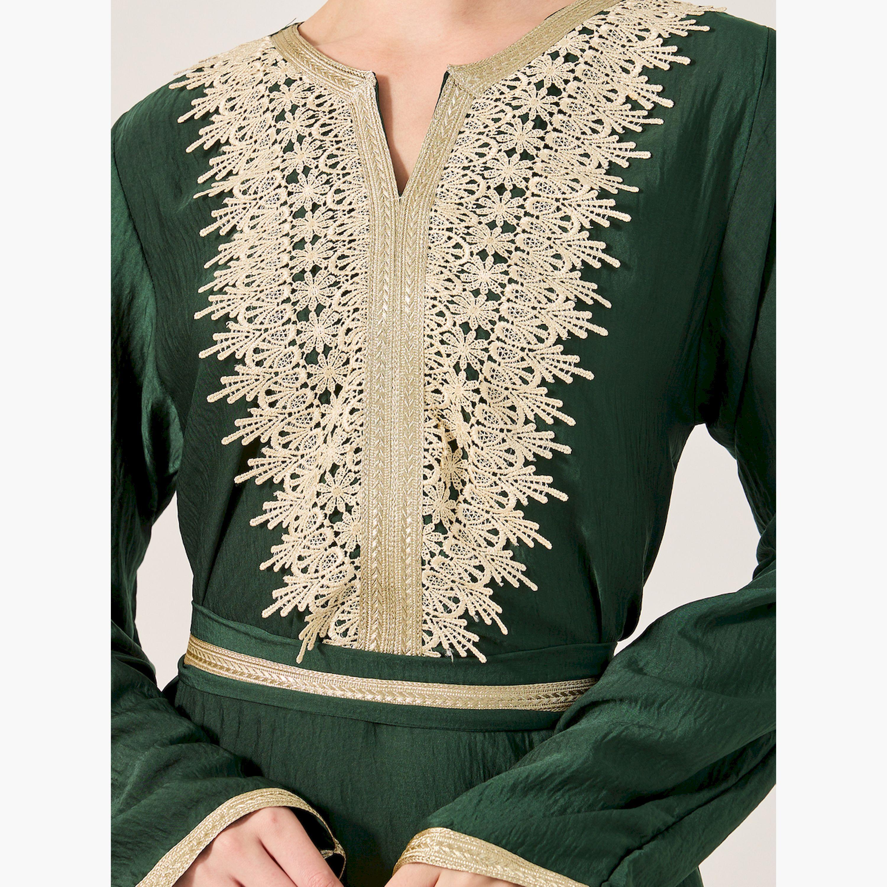 Amirah X Styli Lace Insert Notch Neck Belted Flared Jalabyia-women-arabicclothing-jalabiyas-image-3