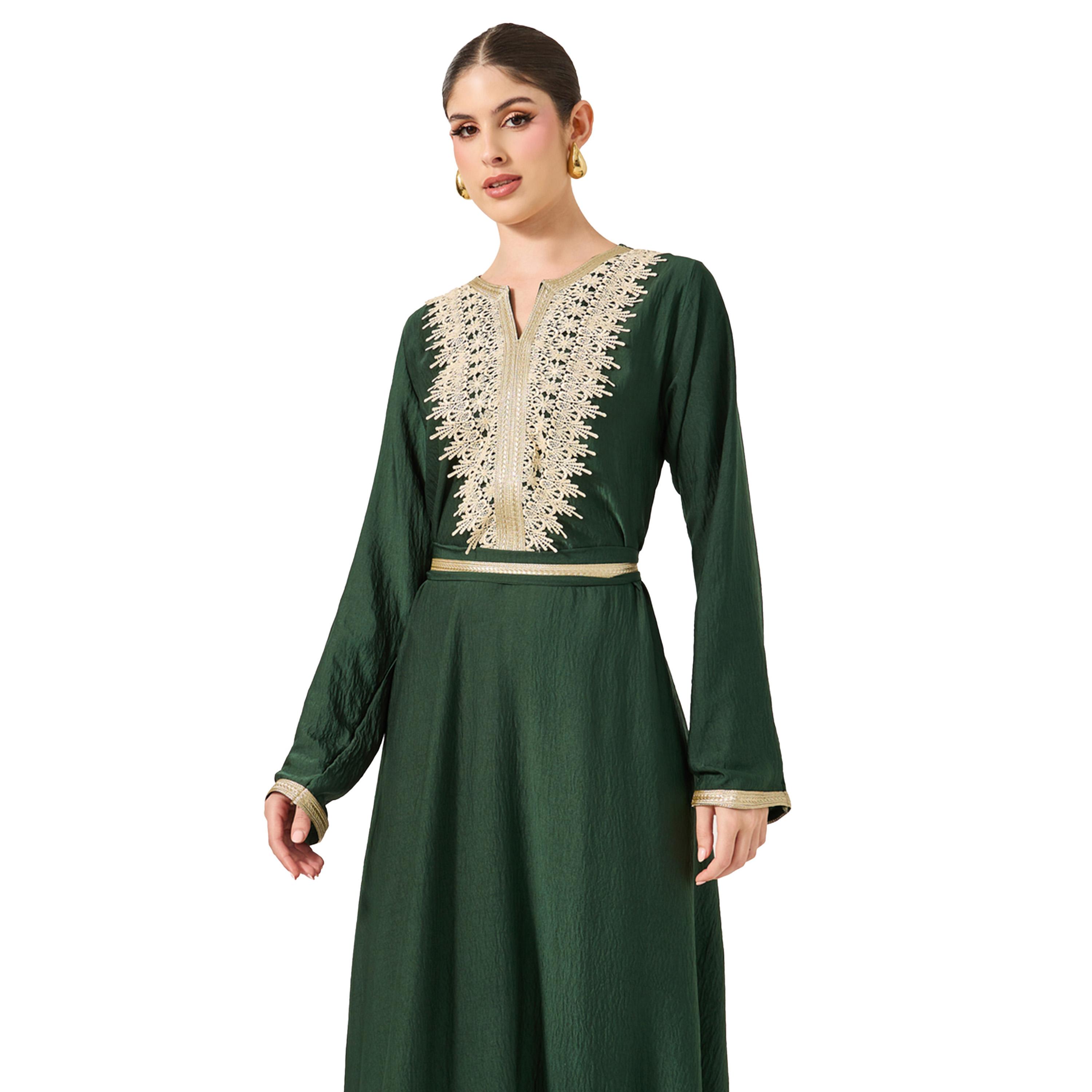 Amirah X Styli Lace Insert Notch Neck Belted Flared Jalabyia-women-arabicclothing-jalabiyas-image-4