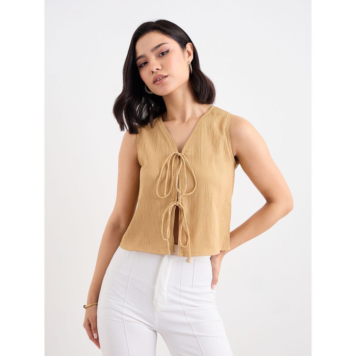 بلوزة قصيرة بتفاصيل بارزة الملمس وأربطة-women-clothing-tshirts-image-2