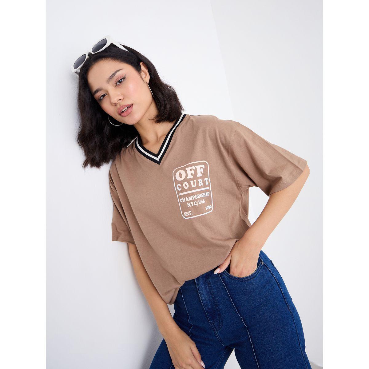 Styli Slogan Print Contrast Neck Oversize T-Shirt-women-clothing-tshirts-image-3
