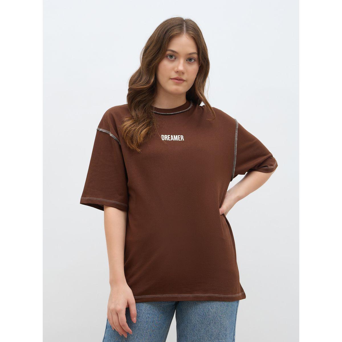تيشيرت فضفاض بأكمام قصيرة وتفاصيل درزات-women-clothing-tshirts-image-2