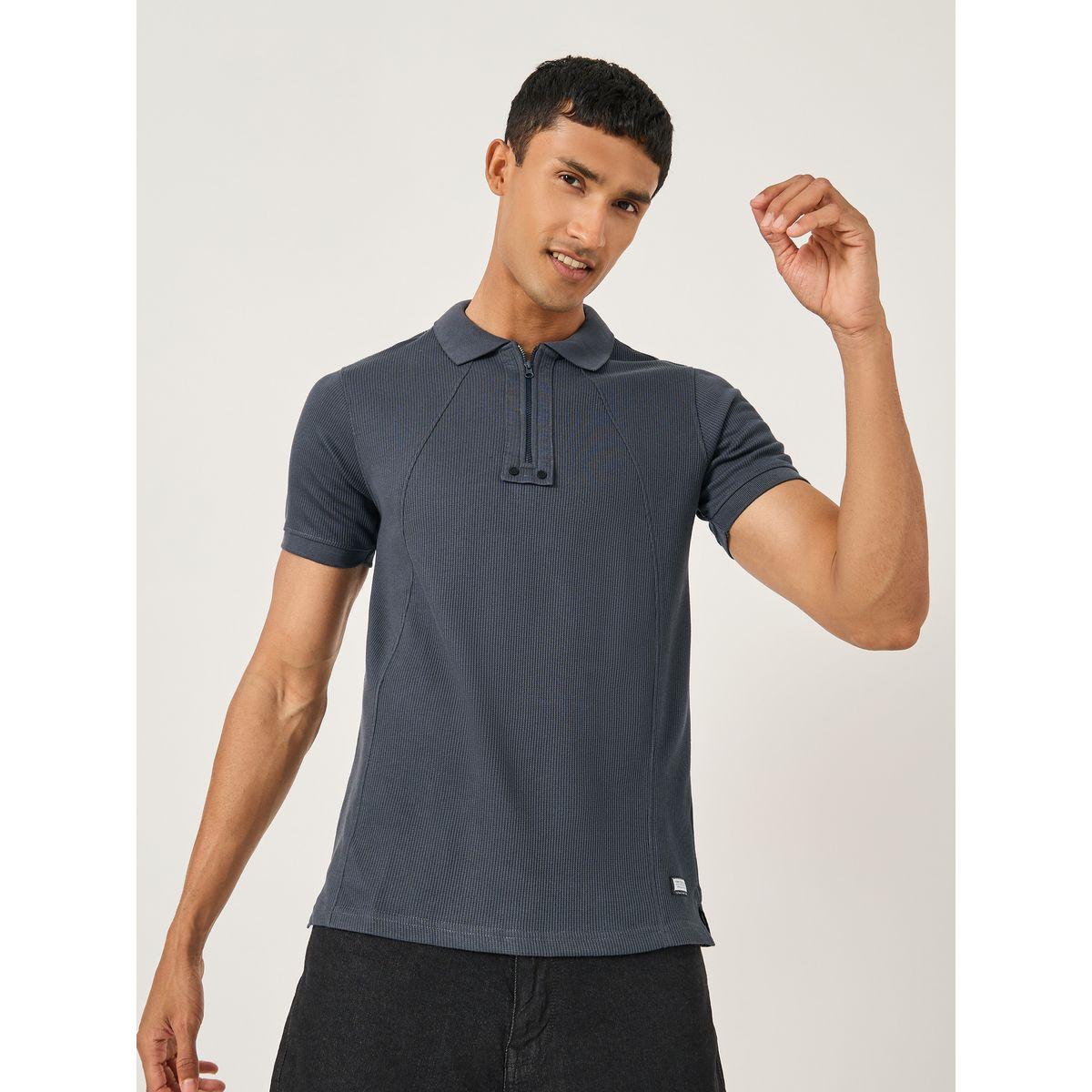 Fort Collins Men Grey Rib Knit Half-Zip Regular Fit Polo T-Shirt-men-clothing-tshirtsandpolos-tshirts-image-1