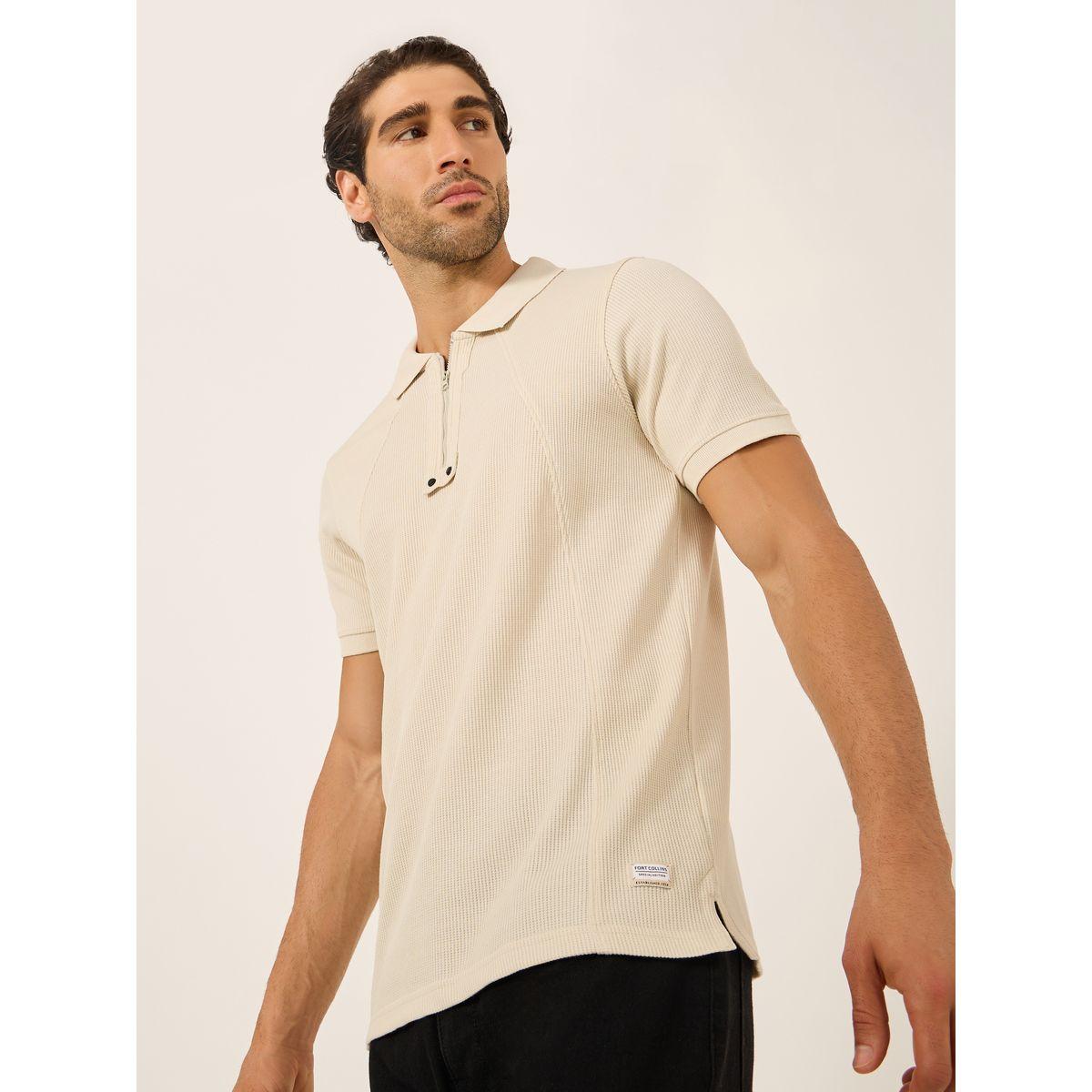 Fort Collins Men Beige Rib Knit Half-Zip Polo T-Shirt-men-clothing-tshirtsandpolos-tshirts-image-1