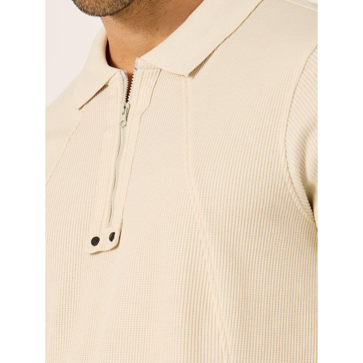 Fort Collins Men Beige Rib Knit Half-Zip Polo T-Shirt-men-clothing-tshirtsandpolos-tshirts-image-3