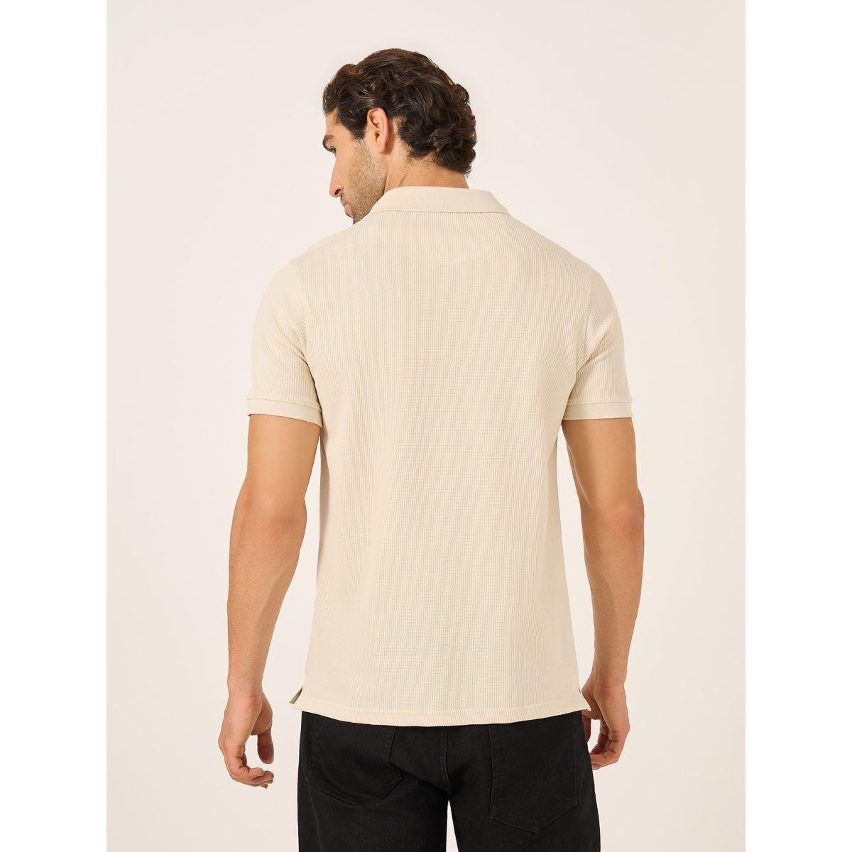 Fort Collins Men Beige Rib Knit Half-Zip Polo T-Shirt-men-clothing-tshirtsandpolos-tshirts-image-4